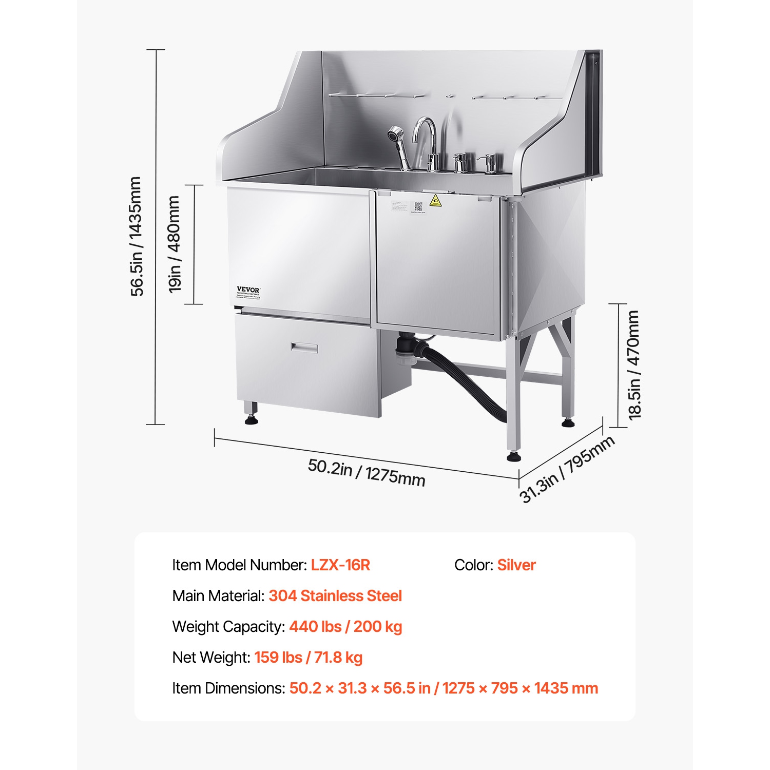 Station de lavage pour chiens en acier inoxydable de 50&nbsp;po VEVOR, baignoire pour poils d'animaux avec rampe, robinet, pomme de douche et