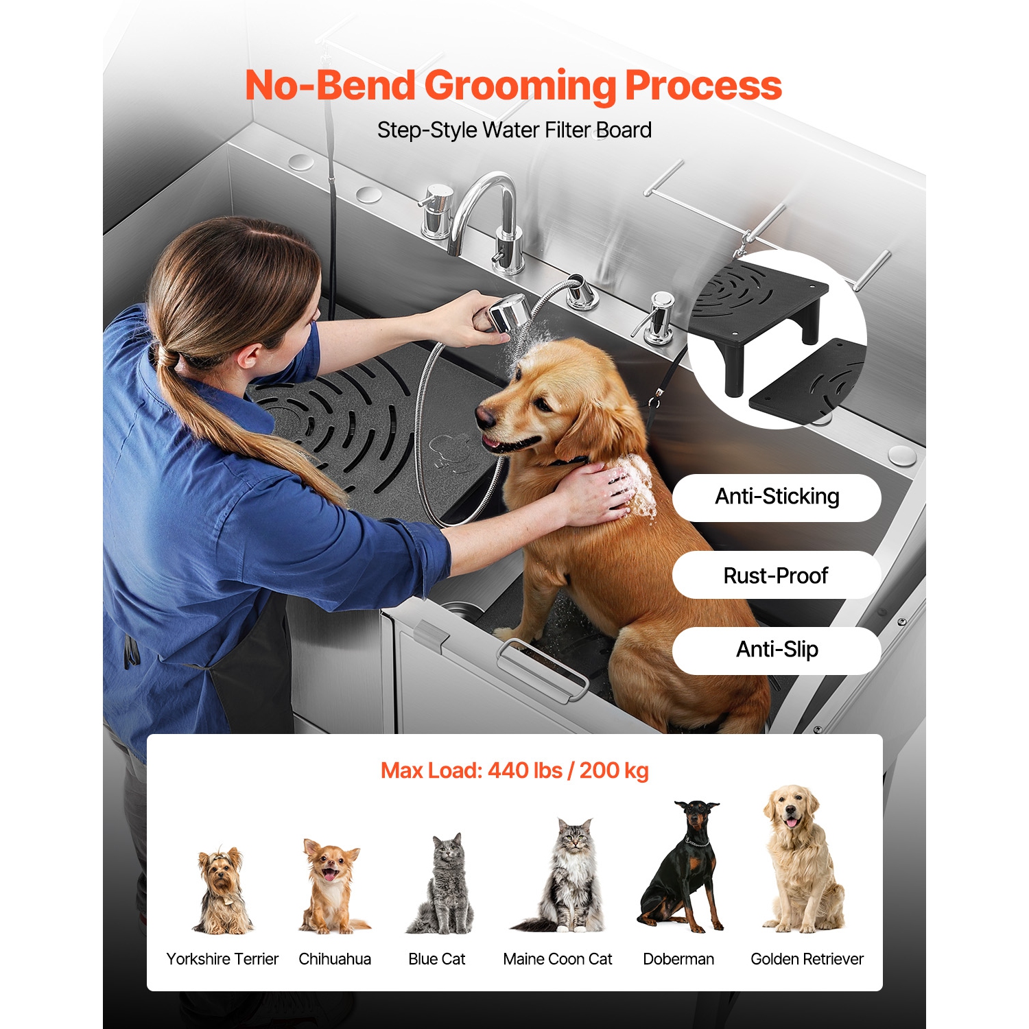 VEVOR 61-inch Stainless Steel Dog Washing Station, Pet Grooming Tub w/ Ramp, Water Filter Board, Faucet & Showerhead & Leash Bathtub for Large &