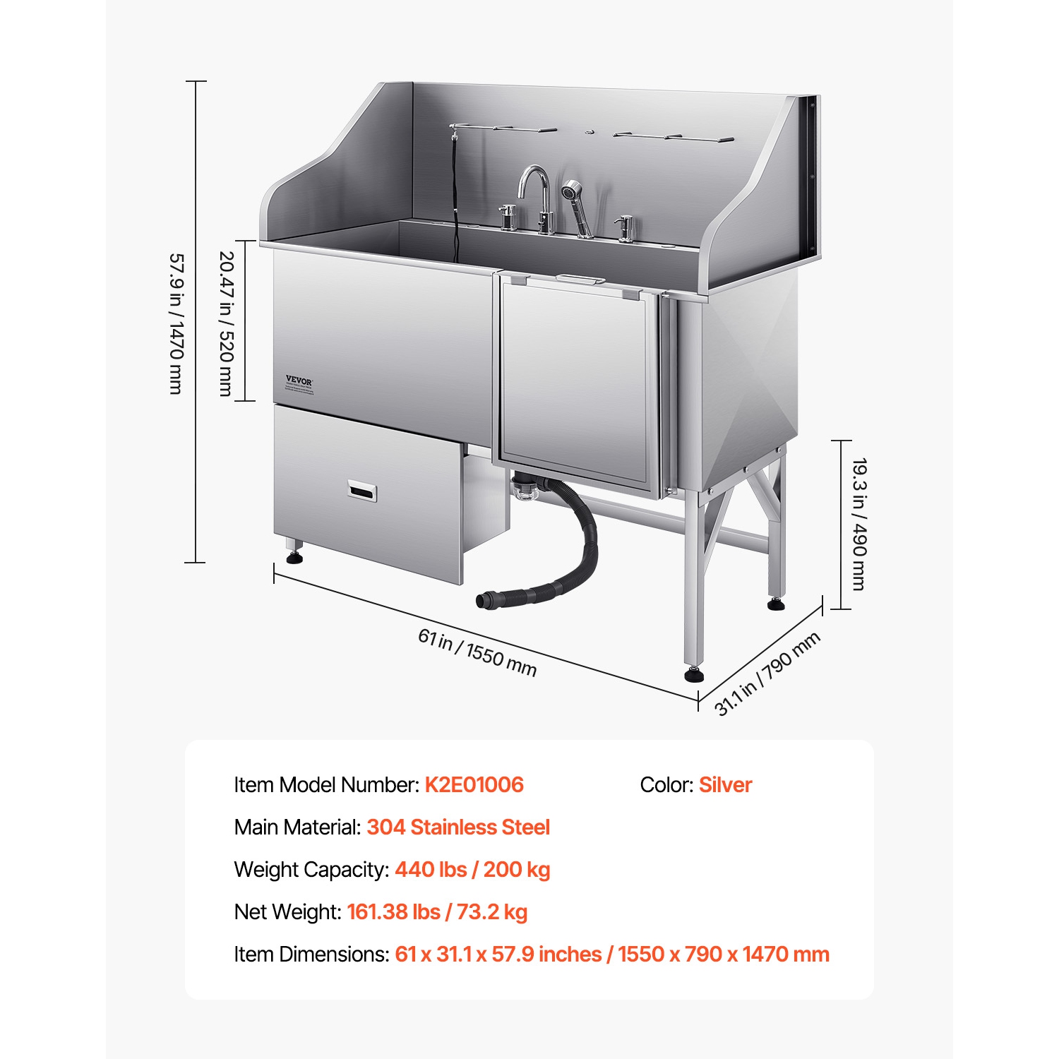 VEVOR 61-inch Stainless Steel Dog Washing Station, Pet Grooming Tub w/ Ramp, Water Filter Board, Faucet & Showerhead & Leash Bathtub for Large &