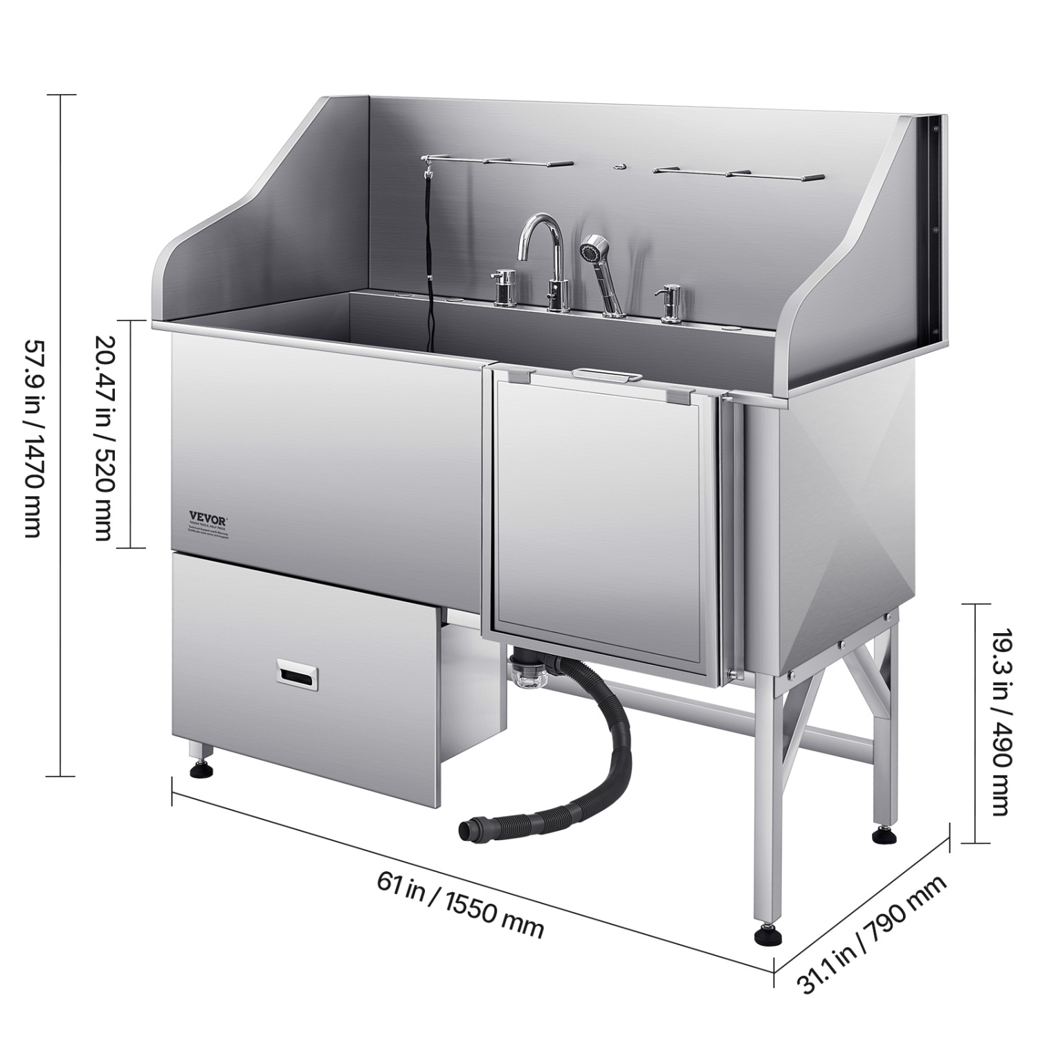 VEVOR 61-inch Stainless Steel Dog Washing Station, Pet Grooming Tub w/ Ramp, Water Filter Board, Faucet & Showerhead & Leash Bathtub for Large &