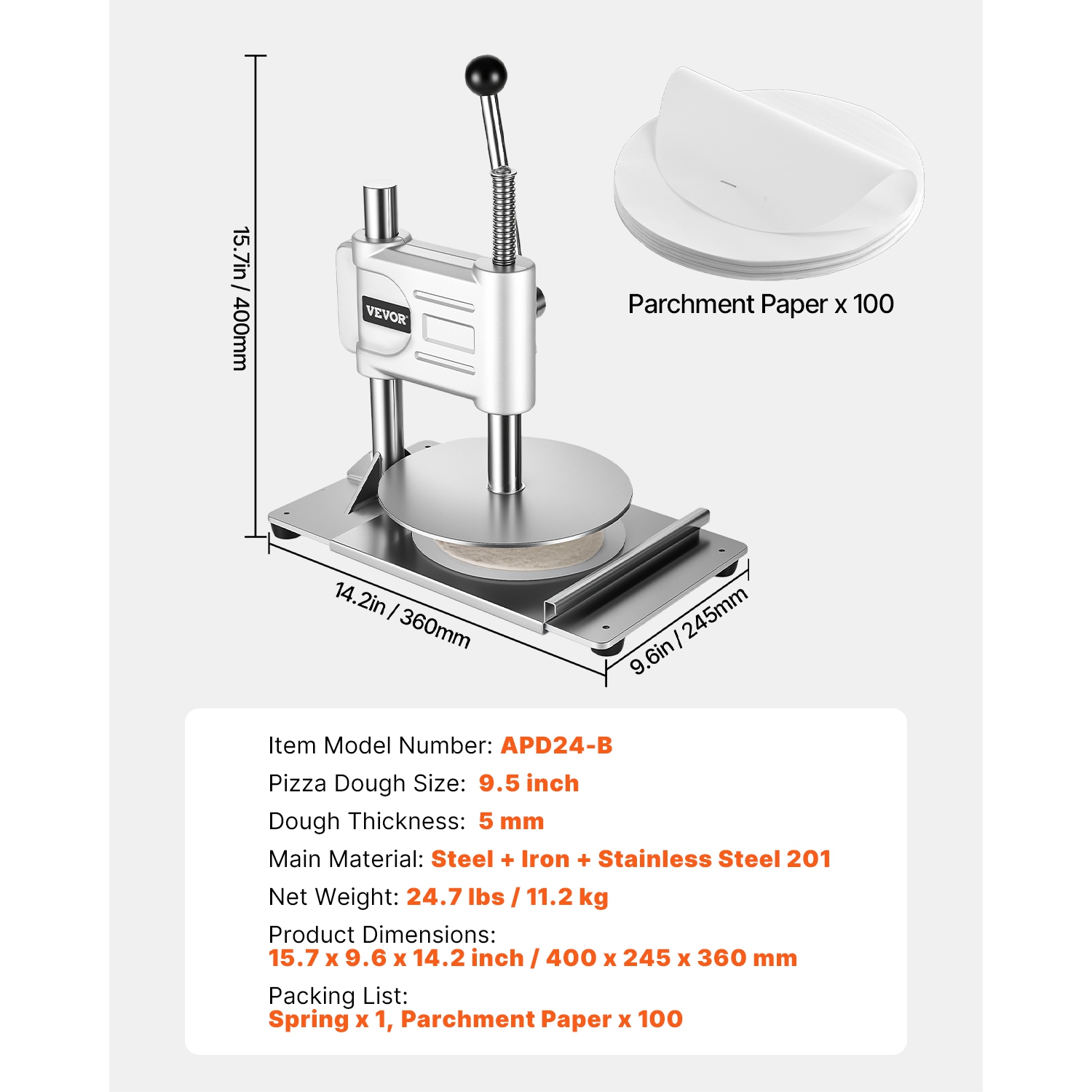 VEVOR 9.5-inch Manual Pizza Dough Press Machine, Pizza Pastry Press Plate, Stainless Steel Presser, Commercial Chapati Sheet Crust Maker, with Handle