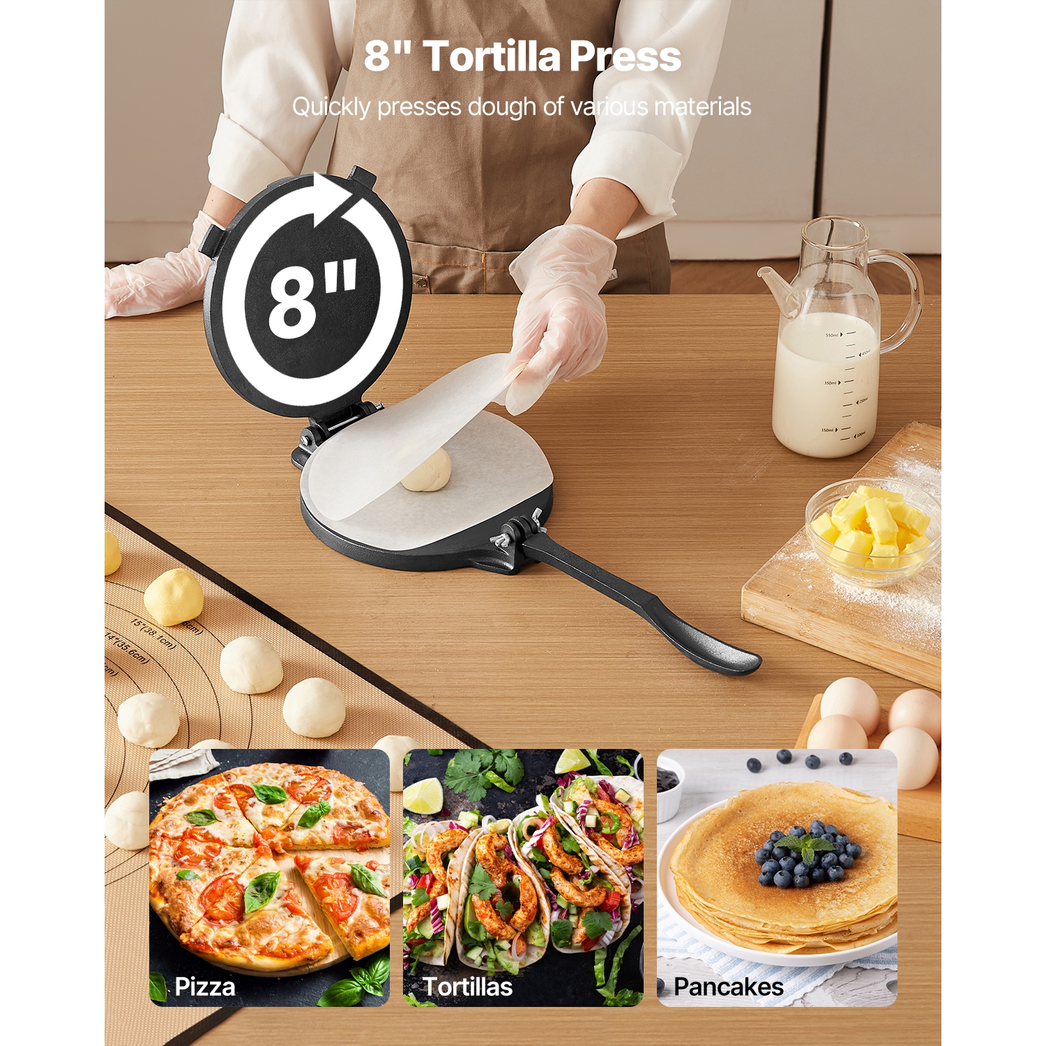 VEVOR 8-Inch Tortilla Press, Cast Iron Tortilla and Roti Maker, Heavy Duty Tortilladora Press, Pataconera Makers with Handle and 100 Pcs Parchment