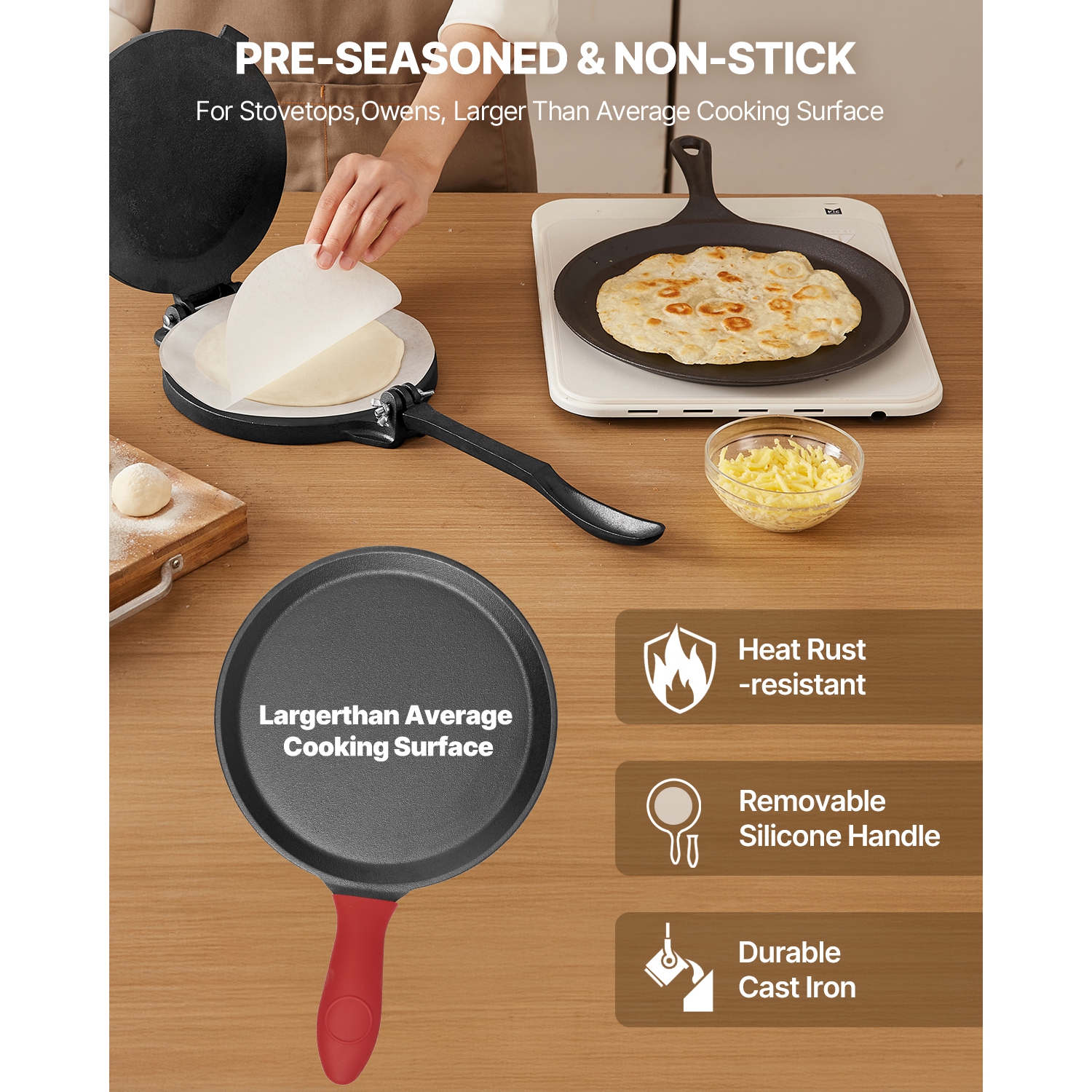 VEVOR 8-Inch Tortilla Press, Cast Iron Tortilla and Roti Maker, Heavy Duty Tortilladora Press, Pataconera Makers with Handle and 100 Pcs Parchment