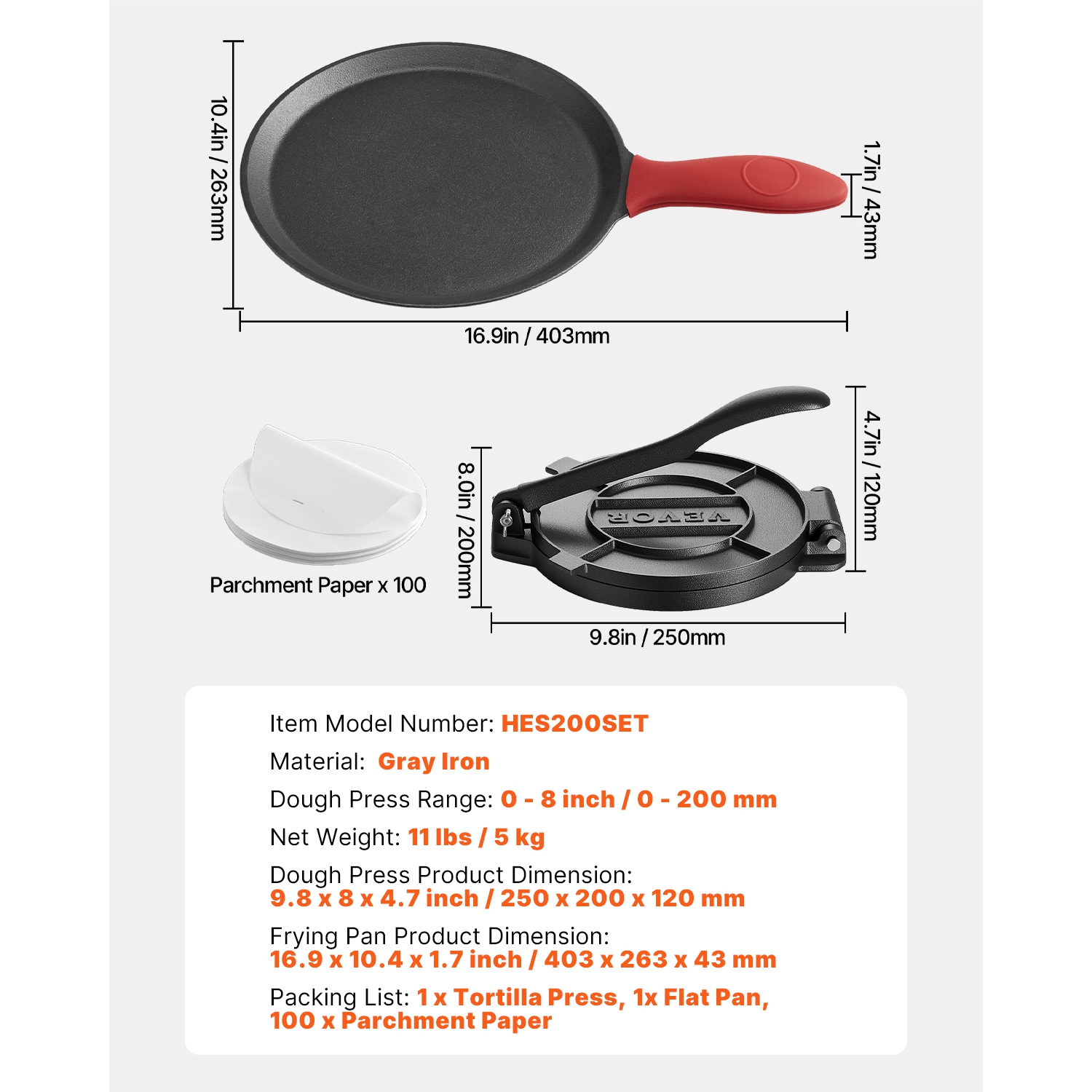 VEVOR 8-Inch Tortilla Press, Cast Iron Tortilla and Roti Maker, Heavy Duty Tortilladora Press, Pataconera Makers with Handle and 100 Pcs Parchment