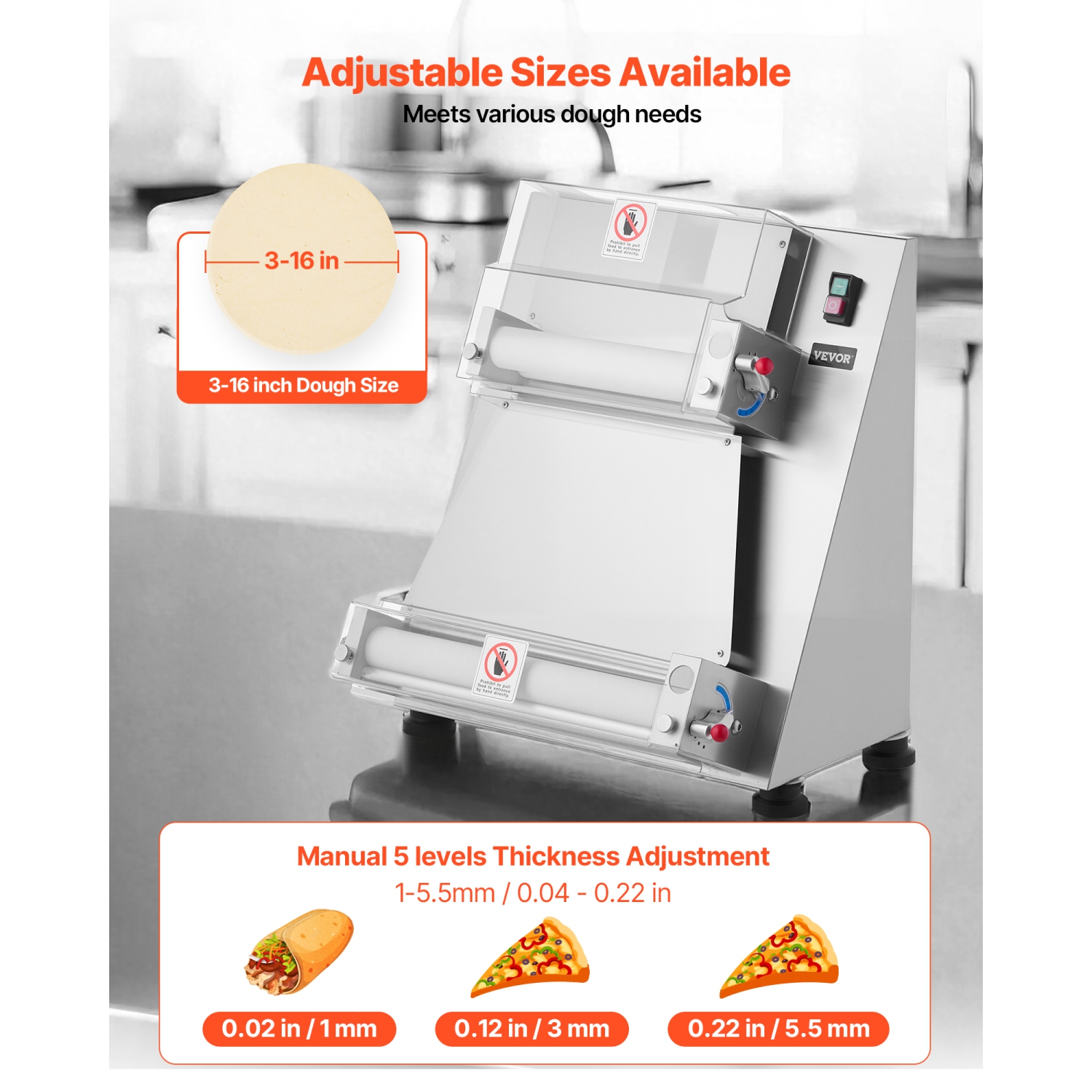 Rouleau à pâte à pizza VEVOR 260 pcs/heure, presse à pizza semi-automatique de 3-16&nbsp;po en acier inoxydable, machine à 390&nbsp;W électrique