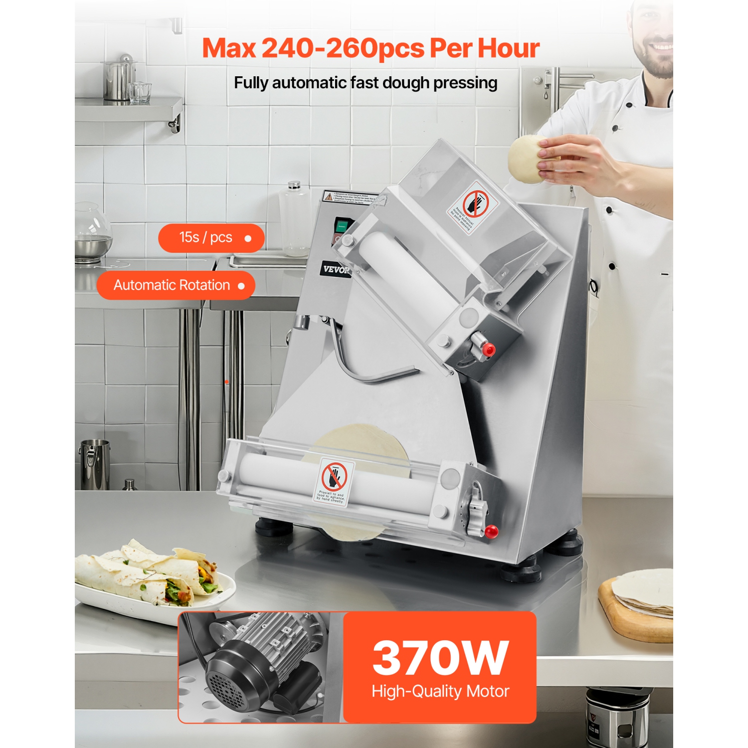 VEVOR 260pcs/Hour Pizza Dough Roller Sheeter, 3-14 in Automatic Stainless Steel Pizza Press, Commercial Electric 370W Maker Machine, Adjustable