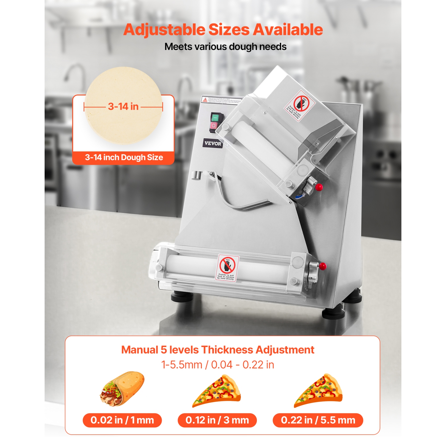 VEVOR 260pcs/Hour Pizza Dough Roller Sheeter, 3-14 in Automatic Stainless Steel Pizza Press, Commercial Electric 370W Maker Machine, Adjustable
