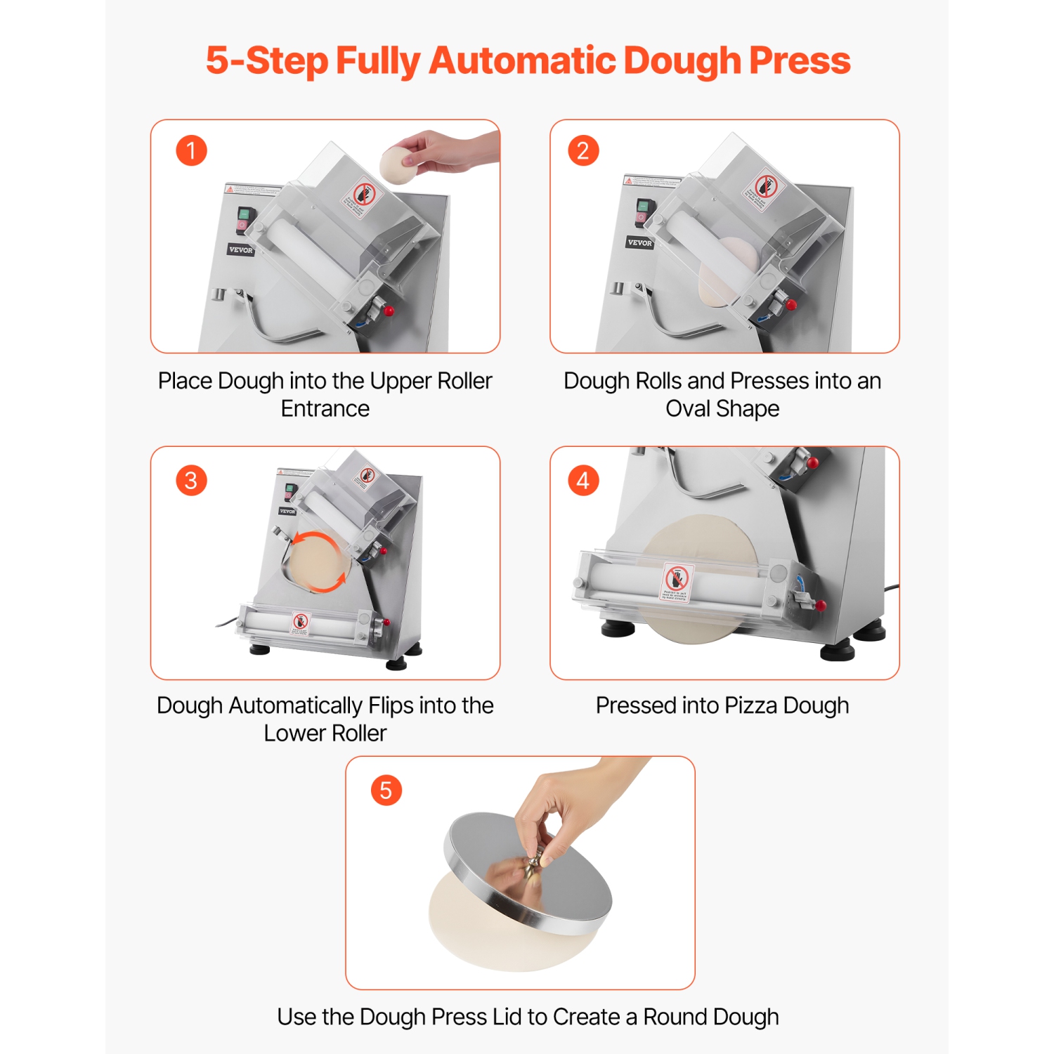 VEVOR 260pcs/Hour Pizza Dough Roller Sheeter, 3-14 in Automatic Stainless Steel Pizza Press, Commercial Electric 370W Maker Machine, Adjustable