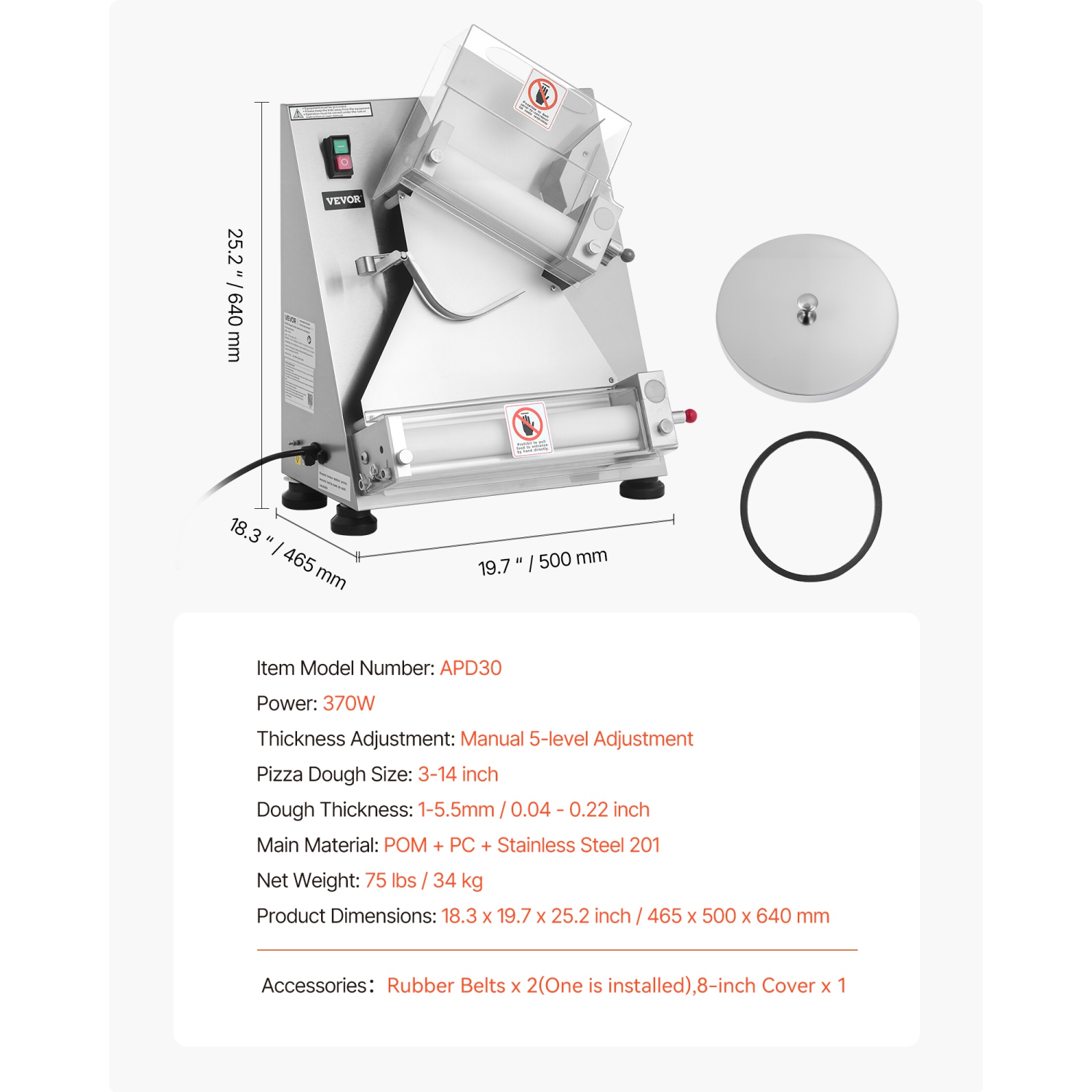 VEVOR 260pcs/Hour Pizza Dough Roller Sheeter, 3-14 in Automatic Stainless Steel Pizza Press, Commercial Electric 370W Maker Machine, Adjustable