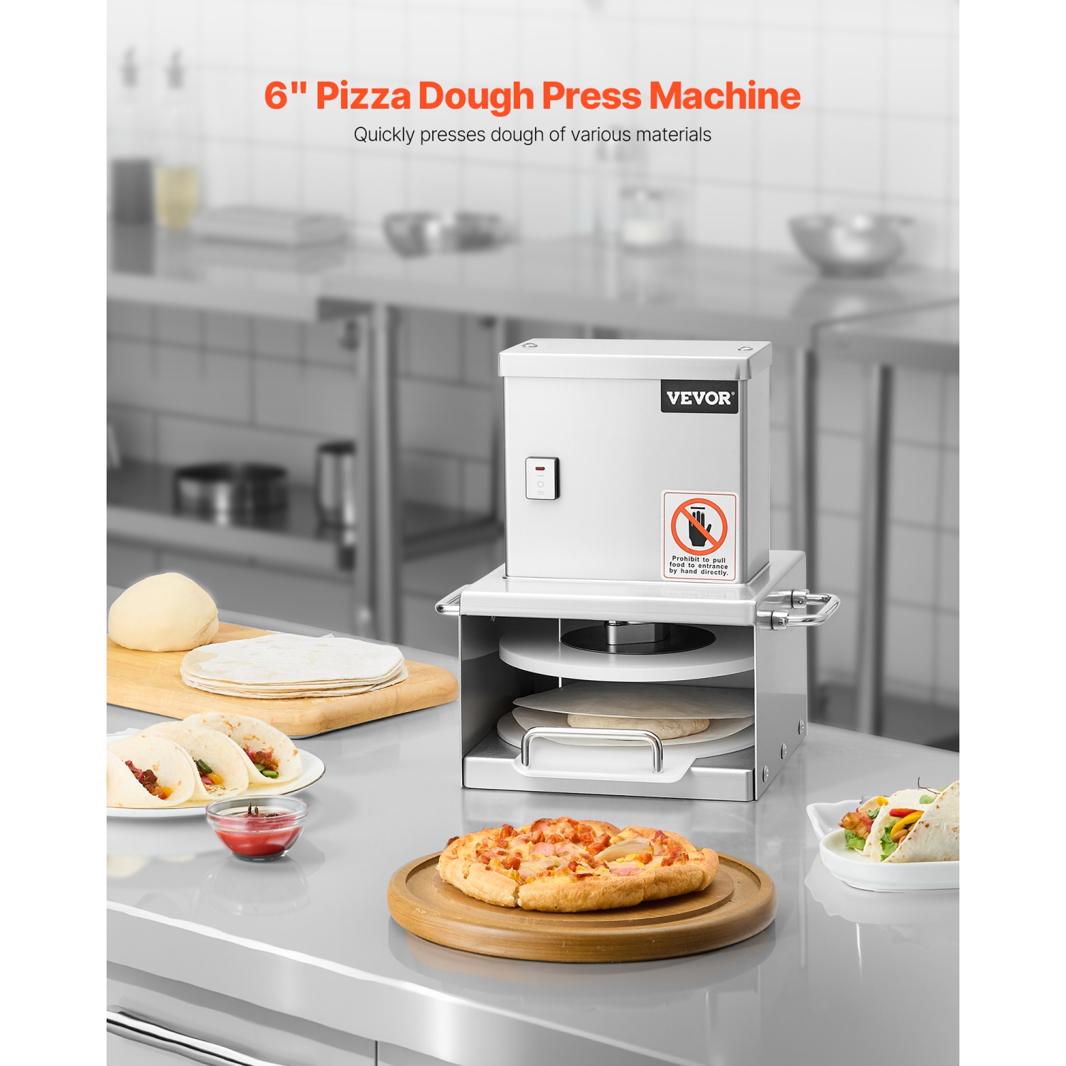 VEVOR 6-inch Electric Pizza Dough Press Machine, Pizza Pastry Press Plate, Stainless Steel Presser, Adjustable Thickness Commercial Forming Machine,