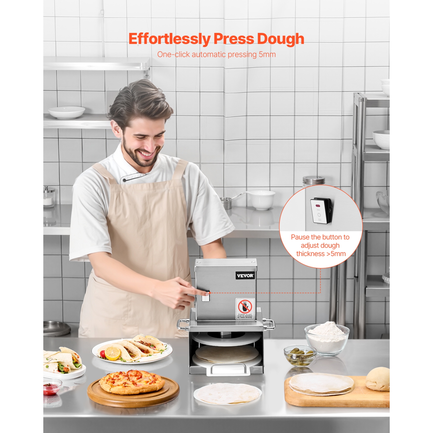 VEVOR 6-inch Electric Pizza Dough Press Machine, Pizza Pastry Press Plate, Stainless Steel Presser, Adjustable Thickness Commercial Forming Machine,