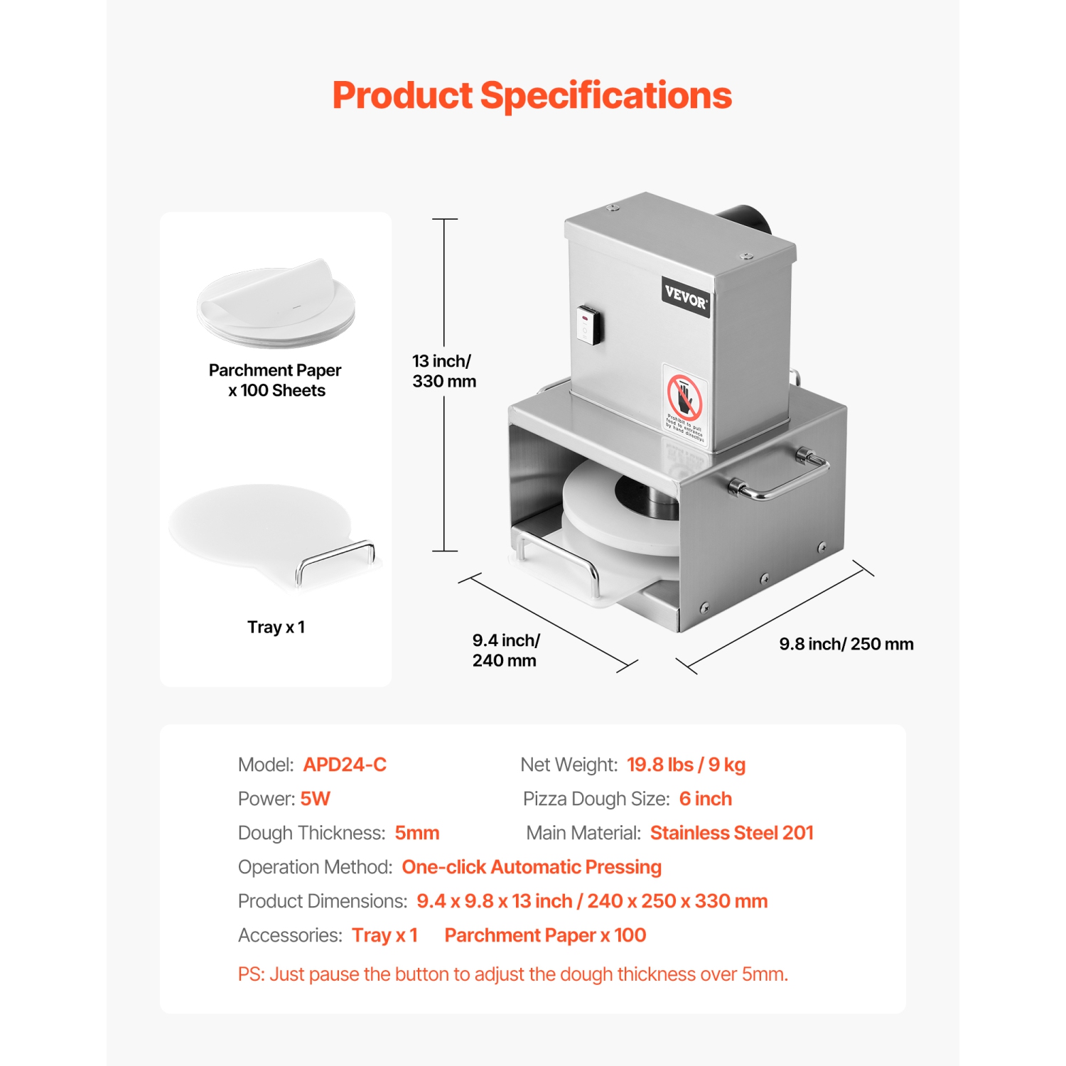 VEVOR 6-inch Electric Pizza Dough Press Machine, Pizza Pastry Press Plate, Stainless Steel Presser, Adjustable Thickness Commercial Forming Machine,