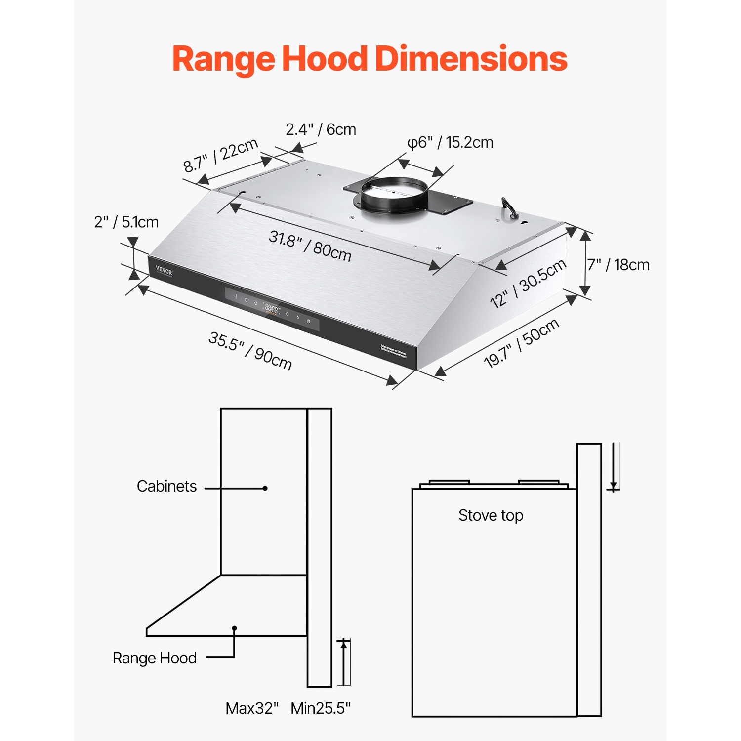 VEVOR 36-Inch Under Cabinet Range Hood, Kitchen Vent Hood, 900CFM Dual Motors Stainless Steel Stove Hood, with Gesture & Touch Control, LED Light,