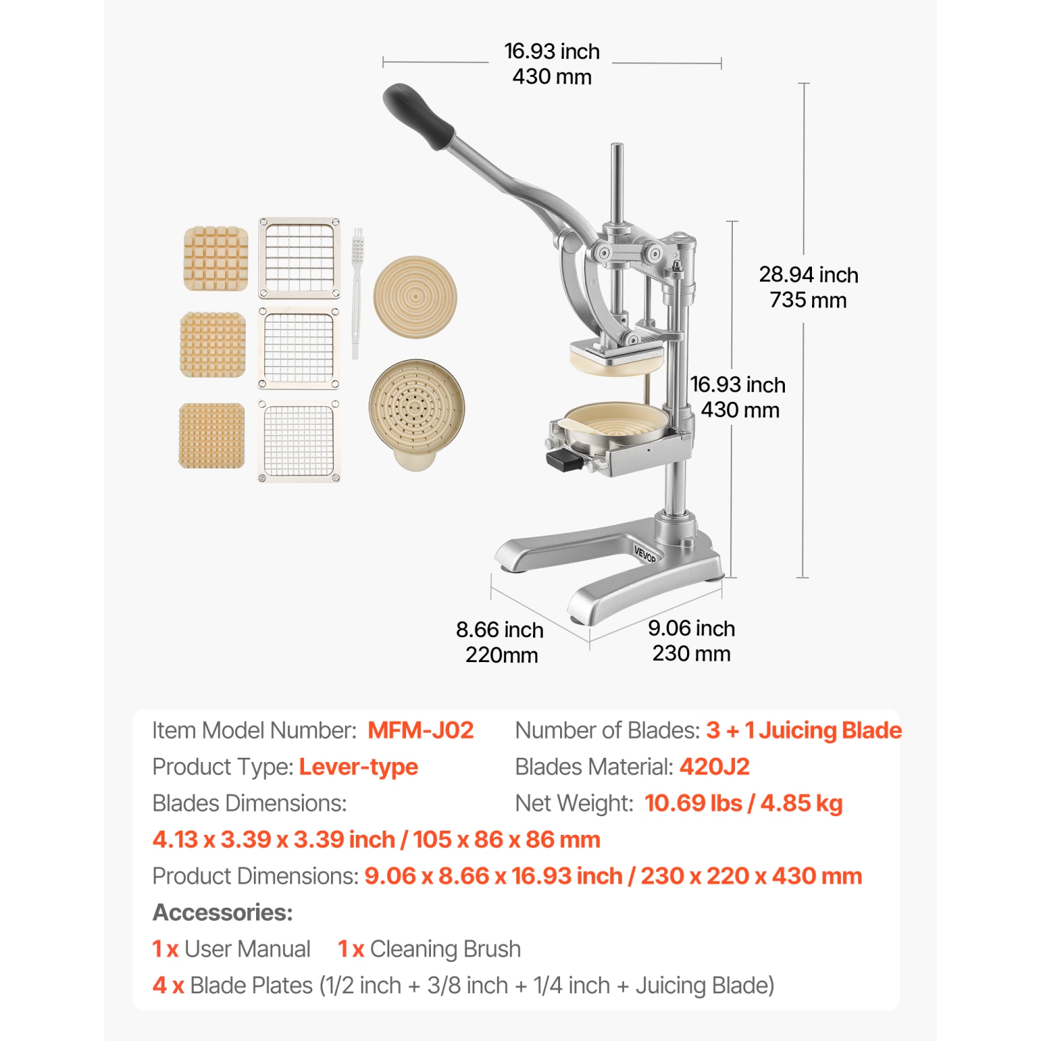 Coupe-frites commercial VEVOR, hachoir à fruits et légumes en acier inoxydable avec 3 lames de rechange 1/4-po 3/8-po de 1/2, lame à jus, trancheuse