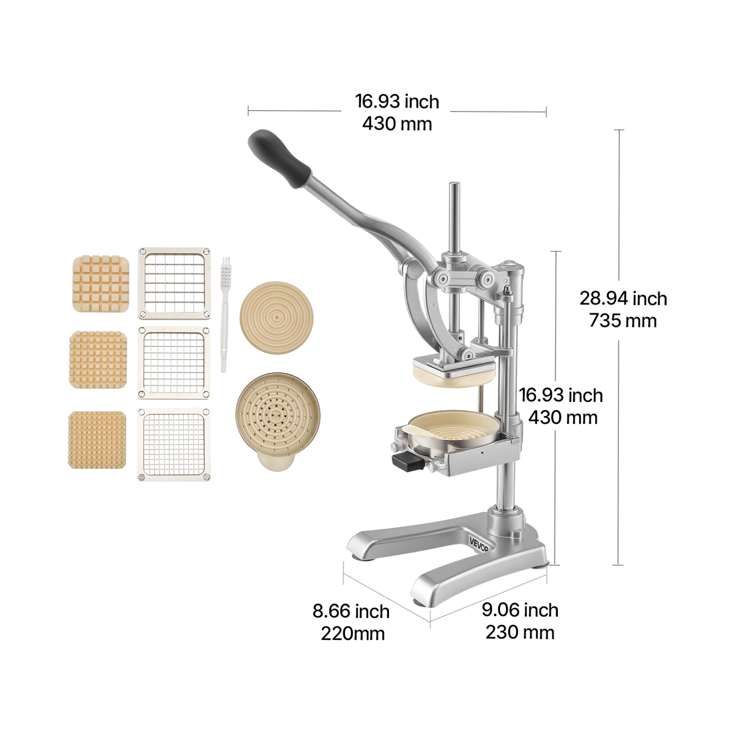 Coupe-frites commercial VEVOR, hachoir à fruits et légumes en acier inoxydable avec 3 lames de rechange 1/4-po 3/8-po de 1/2, lame à jus, trancheuse