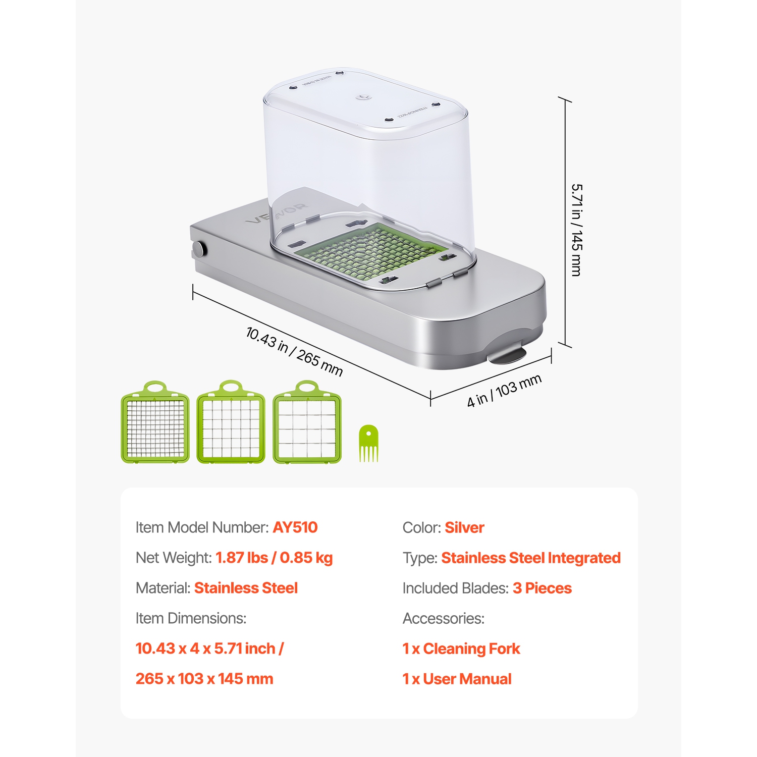 VEVOR Vegetable Chopper, Food Veggie Cutter with 3 Stainless Steel Blades, Onion Slicer with Container, Salad Potato Dicer Kitchen Gadgets &