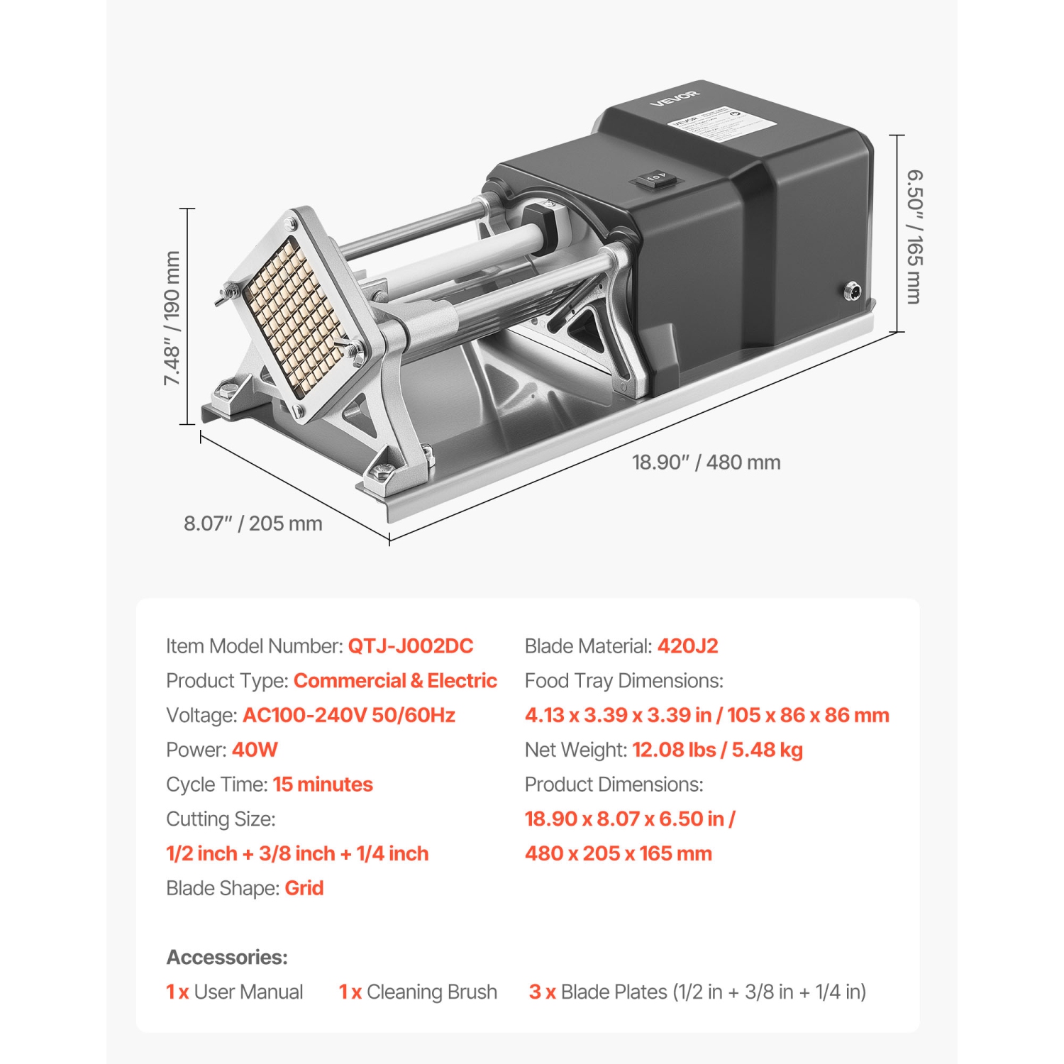 Coupe-frites commercial VEVOR, hachoir à fruits et légumes en acier inoxydable avec 3 lames de rechange 3/8-po 1/4-po de 1/2-po, trancheuse