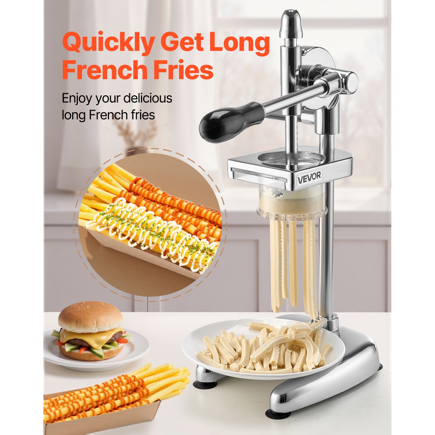Coupe-frites commercial VEVOR, pilon de pommes de terre frites en acier inoxydable, machine à frites avec extrudeuse coulissante, pilon manuel pour