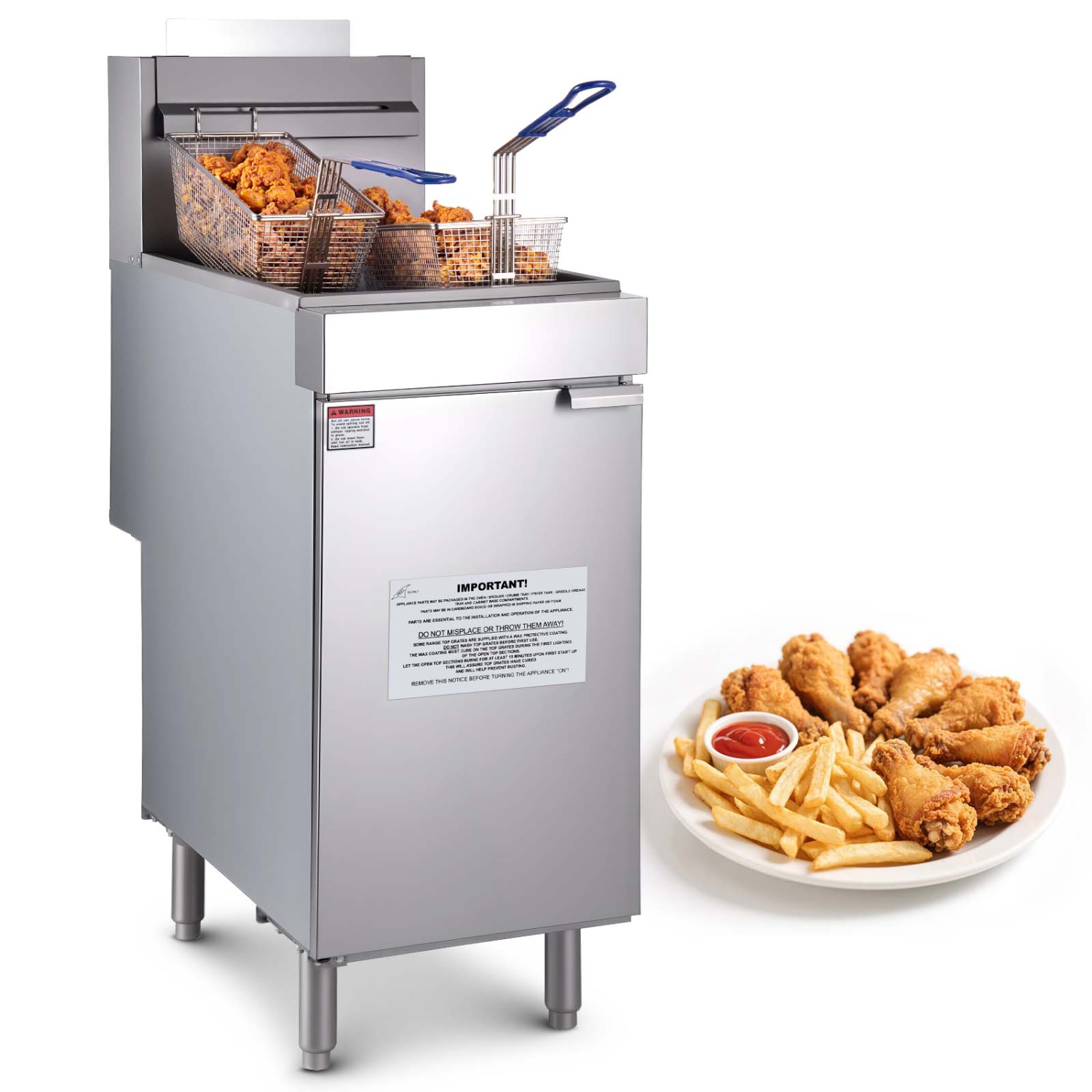 VEVOR 90,000 BTU Commercial Deep Fryer, 3-Burner Fryer for Restaurants, Stainless Steel Floor Standing, with Dual Baskets and Adjustable Temp,