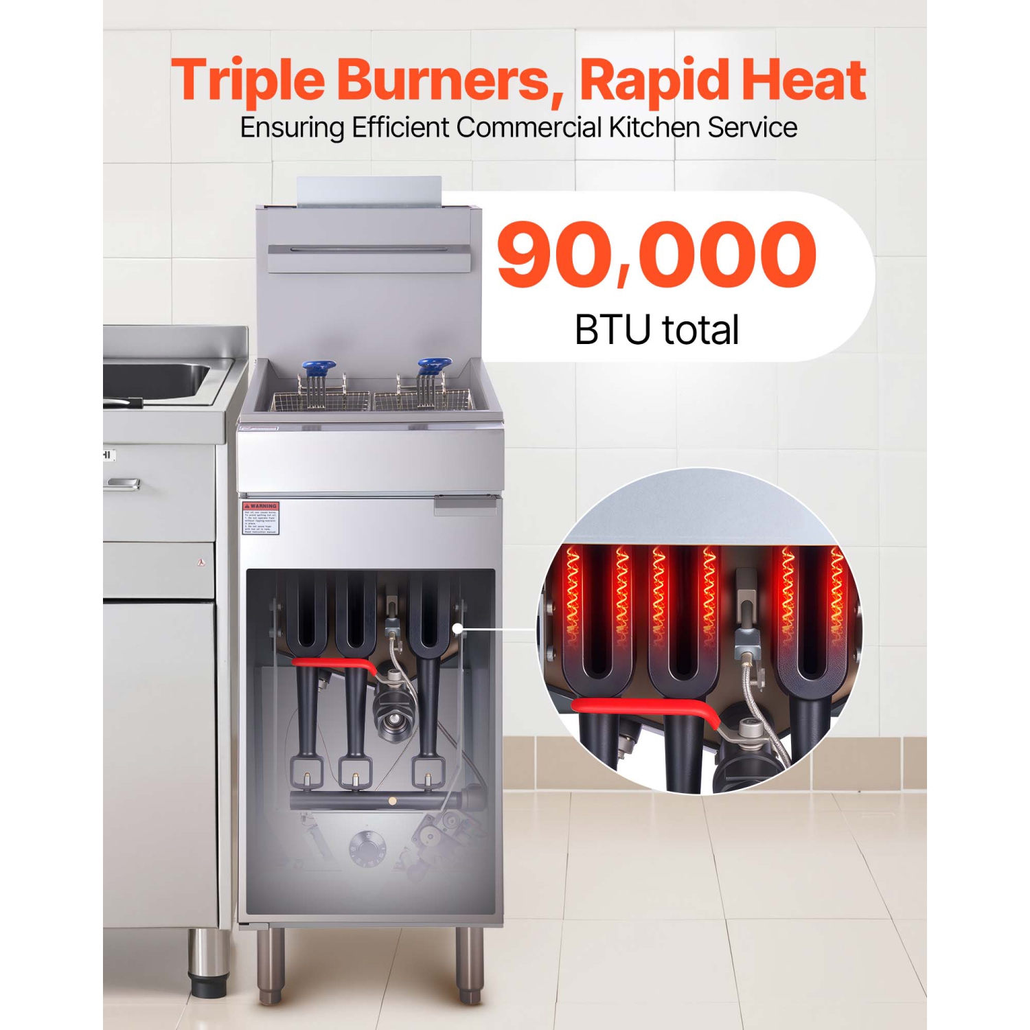 VEVOR 90,000 BTU Commercial Deep Fryer, 3-Burner Fryer for Restaurants, Stainless Steel Floor Standing, with Dual Baskets and Adjustable Temp,