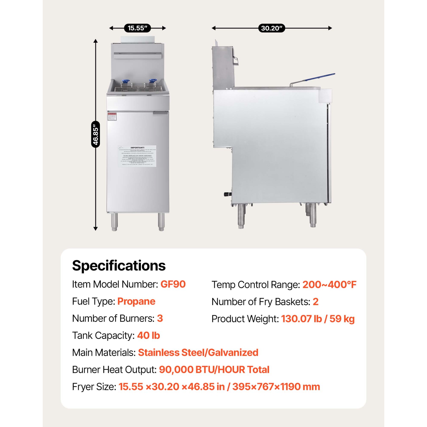 VEVOR 90,000 BTU Commercial Deep Fryer, 3-Burner Fryer for Restaurants, Stainless Steel Floor Standing, with Dual Baskets and Adjustable Temp,