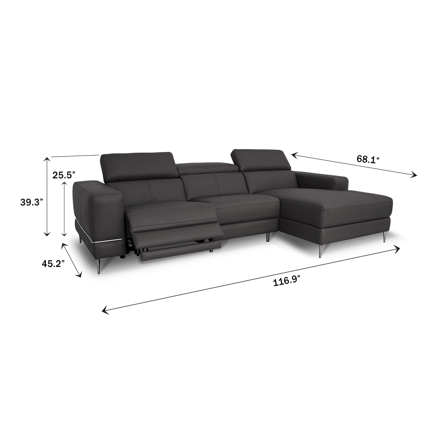 Luxana Home Sofa Lounge 3 places cuir Sculted haut de gamme coussins en mousse haute densité sculptés, pattes en métal au fini chromé, inclinable