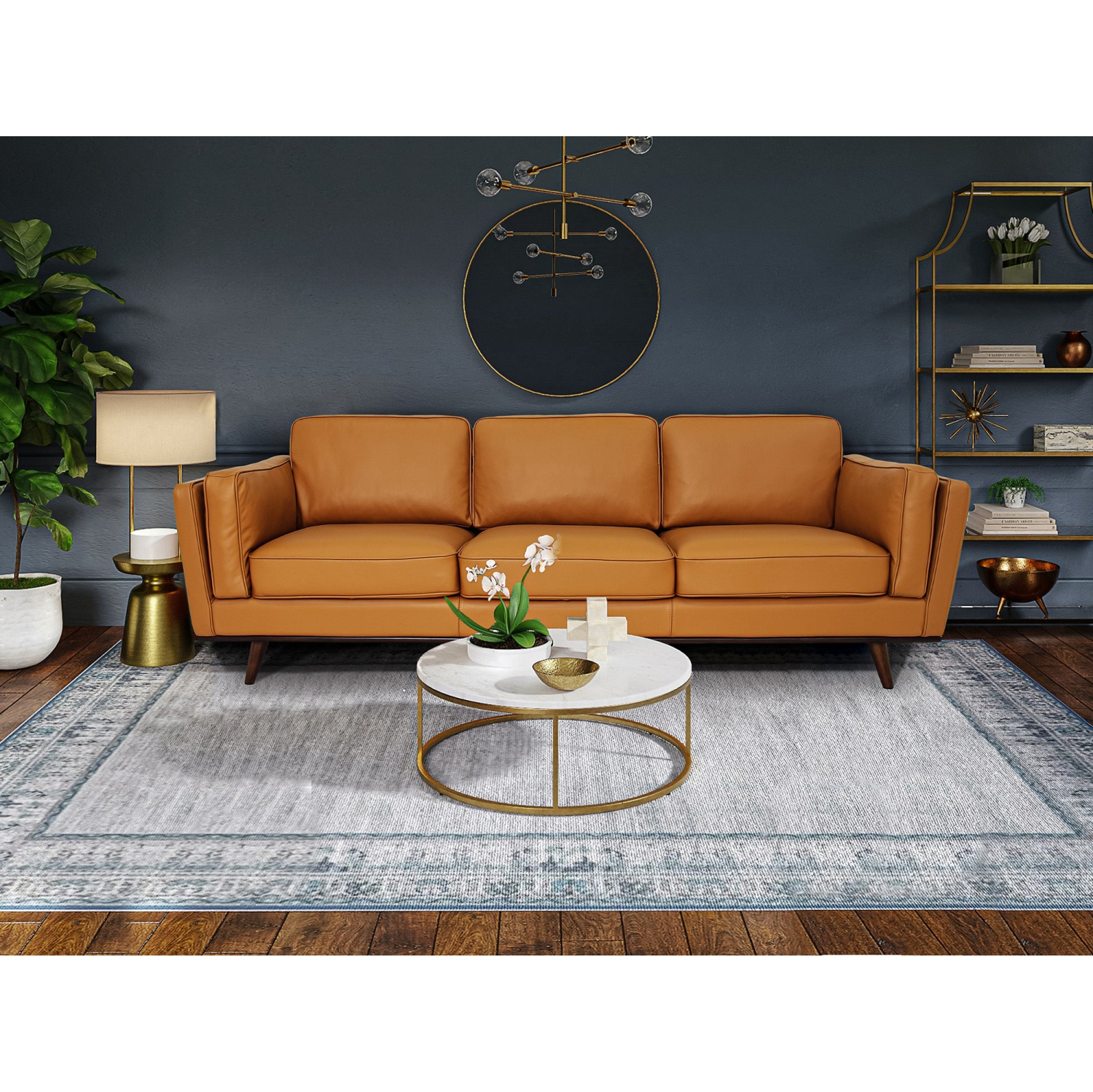 Canapé 3 places en cuir de qualité supérieure avec fibres ouvertes et plumes Modern de Luxana Home – Cognac