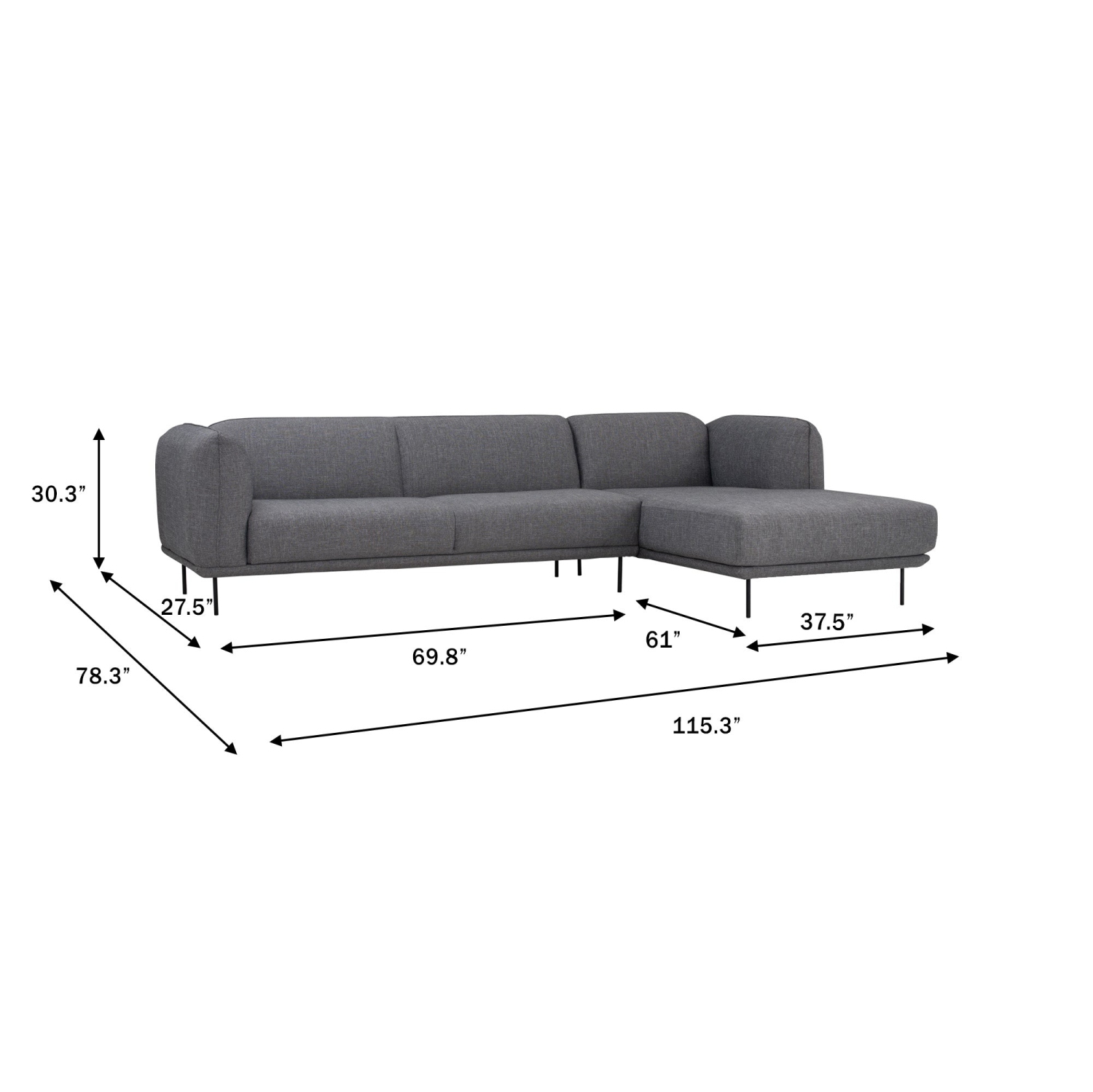 Luxana – Sofa-salon 3 places Chase droite haut de gamme Linsey pattes en métal robustes contemporaines – Gris