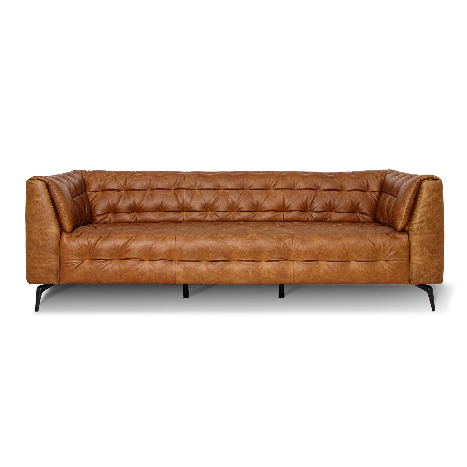 Luxana Home – Canapé-lit 3 places en cuir aniline haute densité mousse noire à pattes métalliques brillantes modernes – Brun