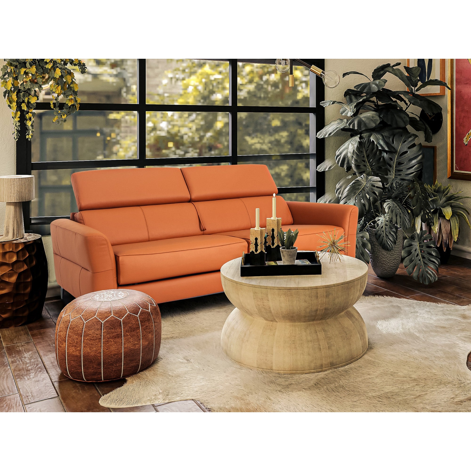 Canapé-lit 2 places avec appuie-tête réglable Matelas haut de gamme EN LATEX intégré Cuir de qualité supérieure – Cognac