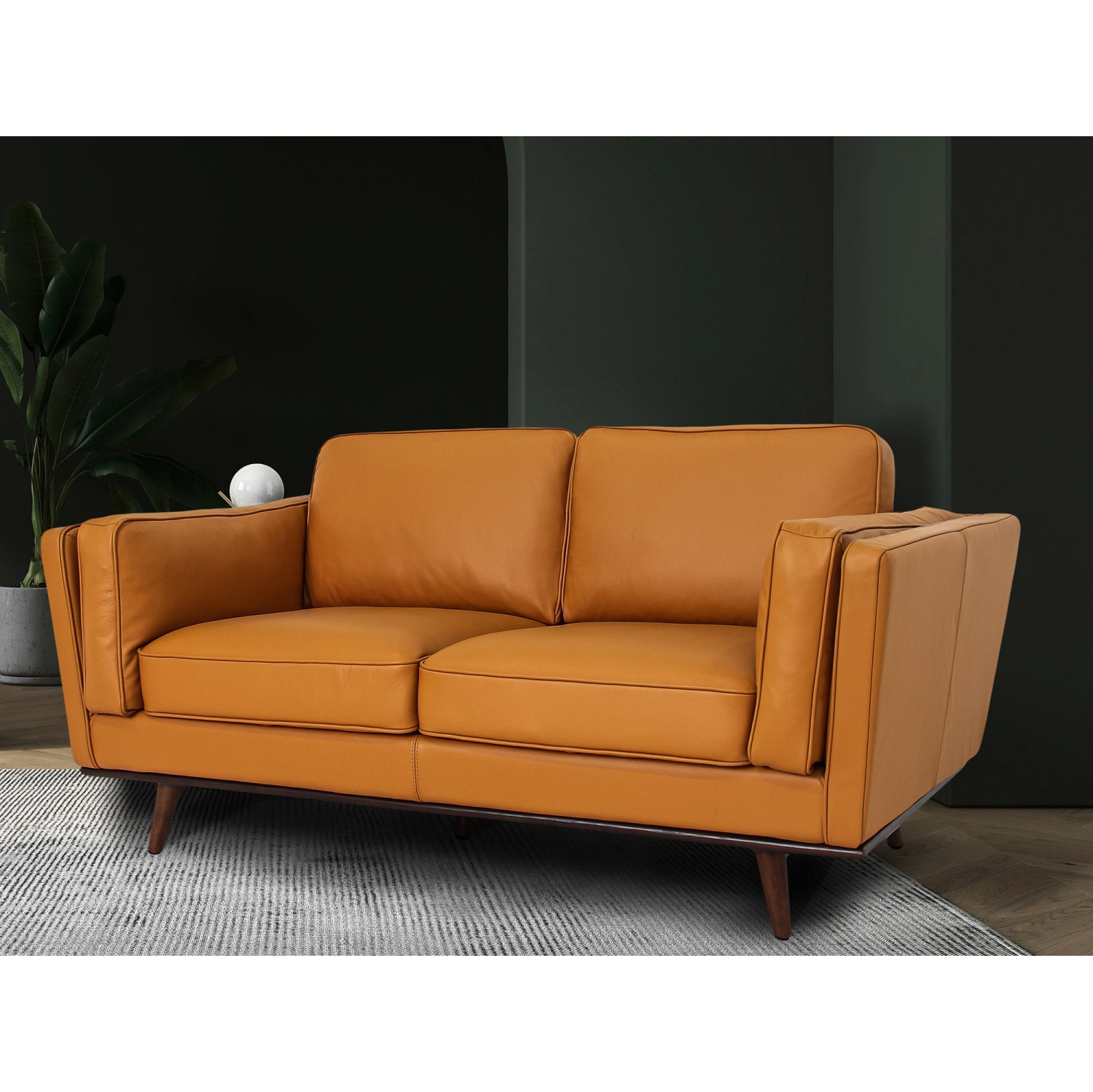 Canapé 2 places en cuir de qualité supérieure avec bourre en fibres ouvertes et plumes de Luxana Home – Cognac