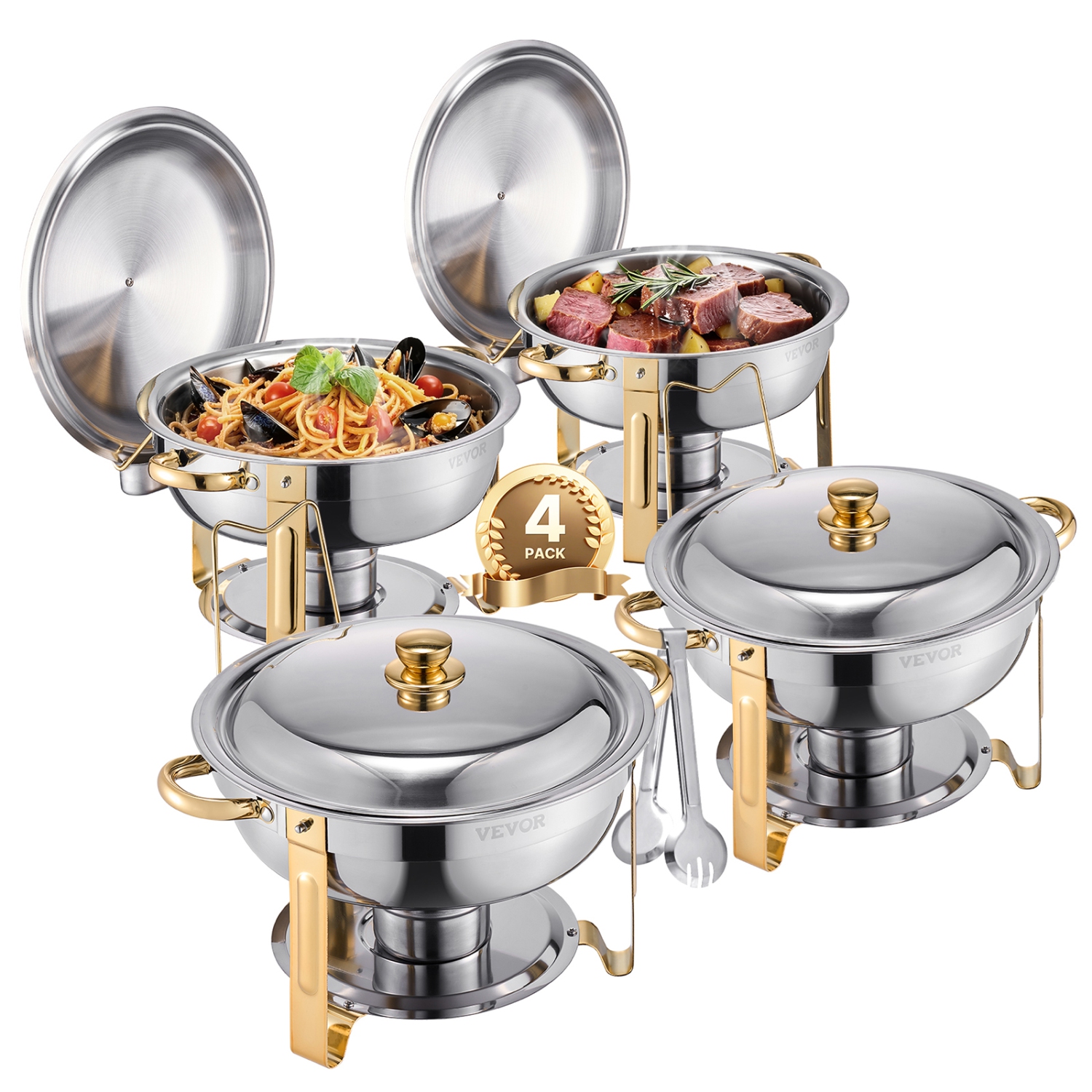 Ensemble de 4 plats à récurer de VEVOR 5&nbsp;Qt, une gaufrette en acier inoxydable avec 4 bacs pleine grandeur, un chauffe-plats rond avec