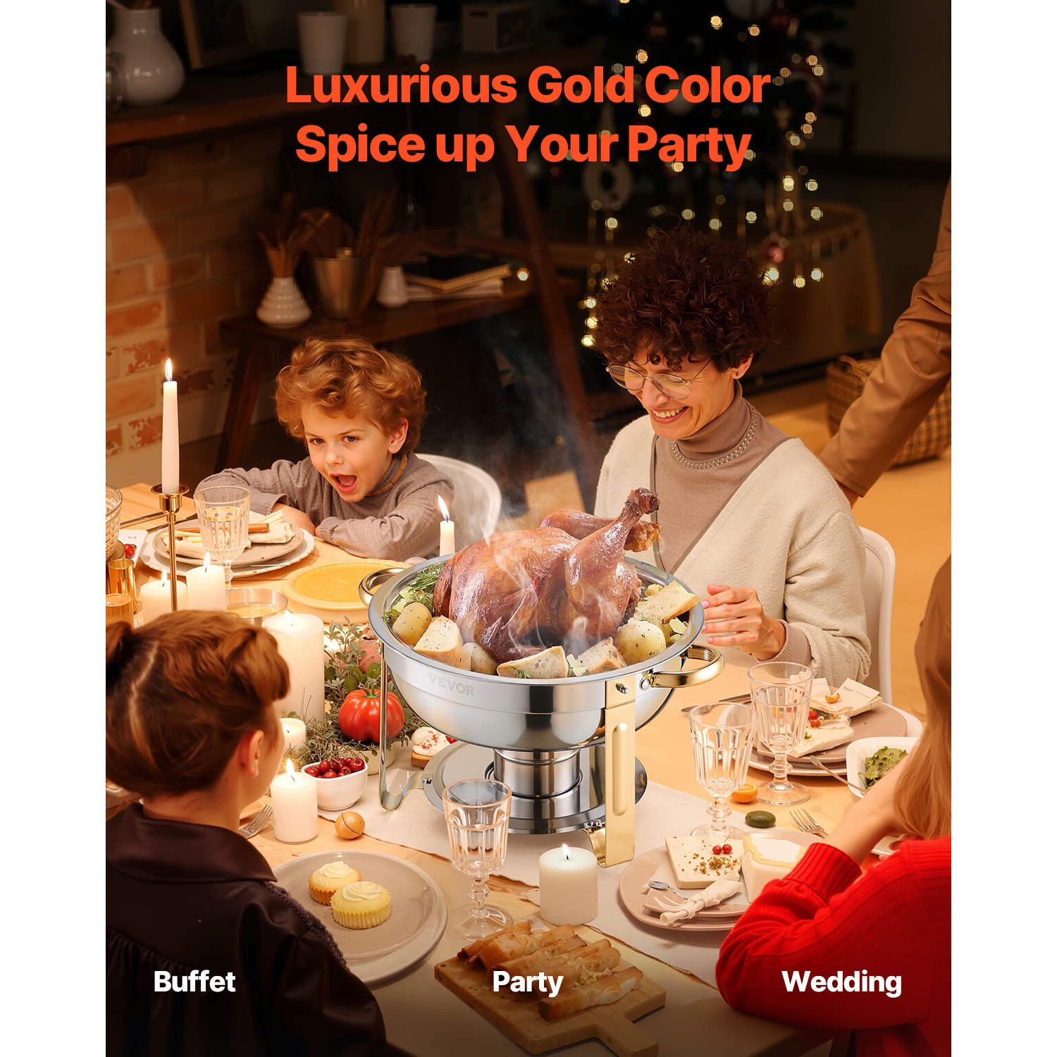 Ensemble de 4 plats à récurer de VEVOR 5&nbsp;Qt, une gaufrette en acier inoxydable avec 4 bacs pleine grandeur, un chauffe-plats rond avec