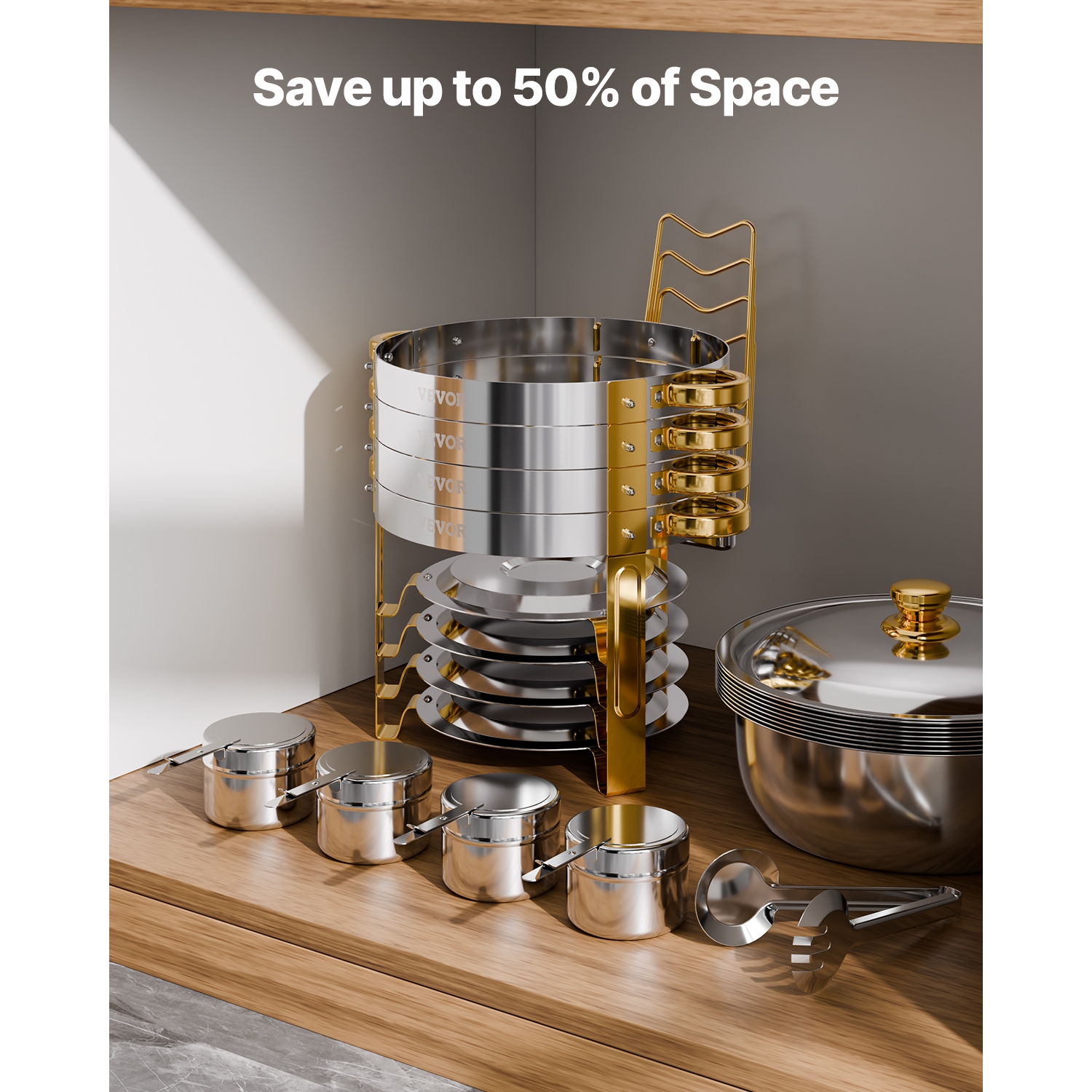 Ensemble de 4 plats à récurer de VEVOR 5&nbsp;Qt, une gaufrette en acier inoxydable avec 4 bacs pleine grandeur, un chauffe-plats rond avec