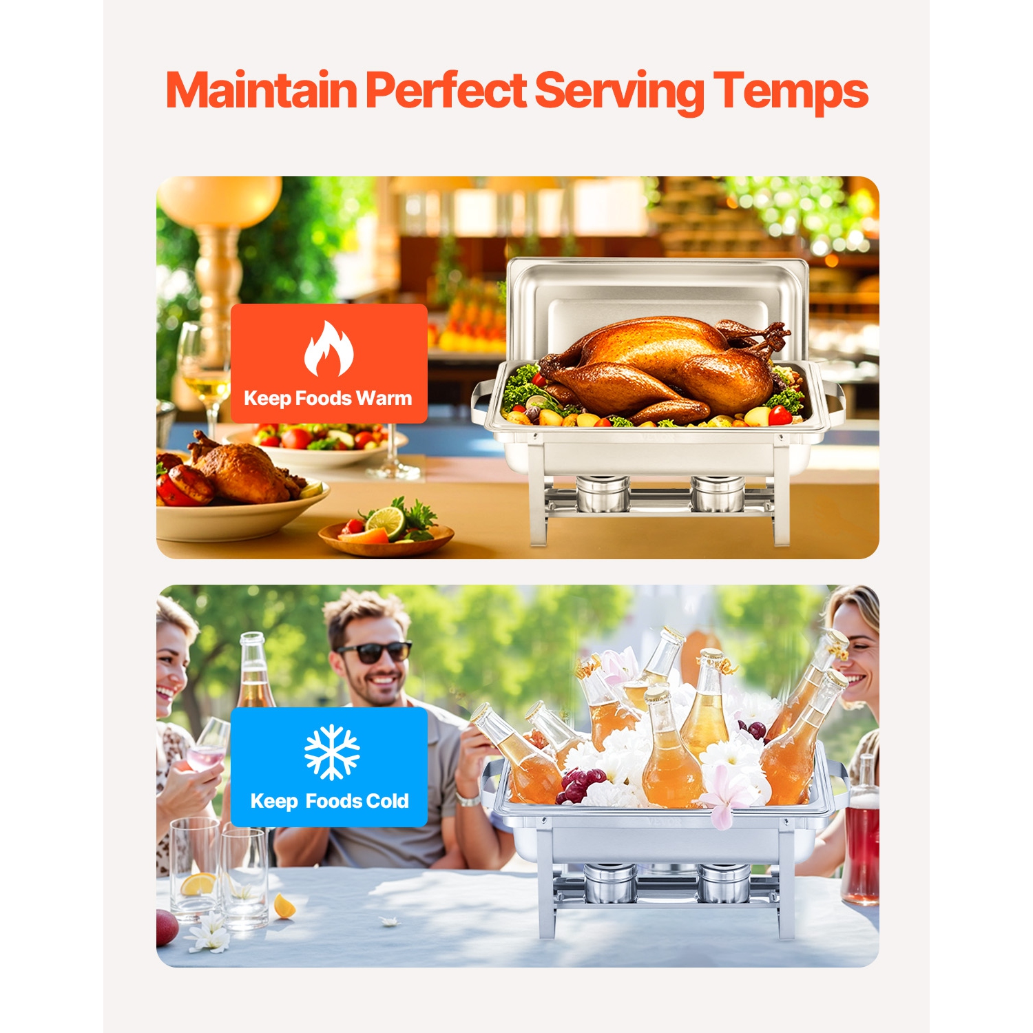 Ensemble de 2 plats à récurer VEVOR 8 Qt, plateau en acier inoxydable avec 2 bacs pleine grandeur, plateau de réchaud rectangulaire avec