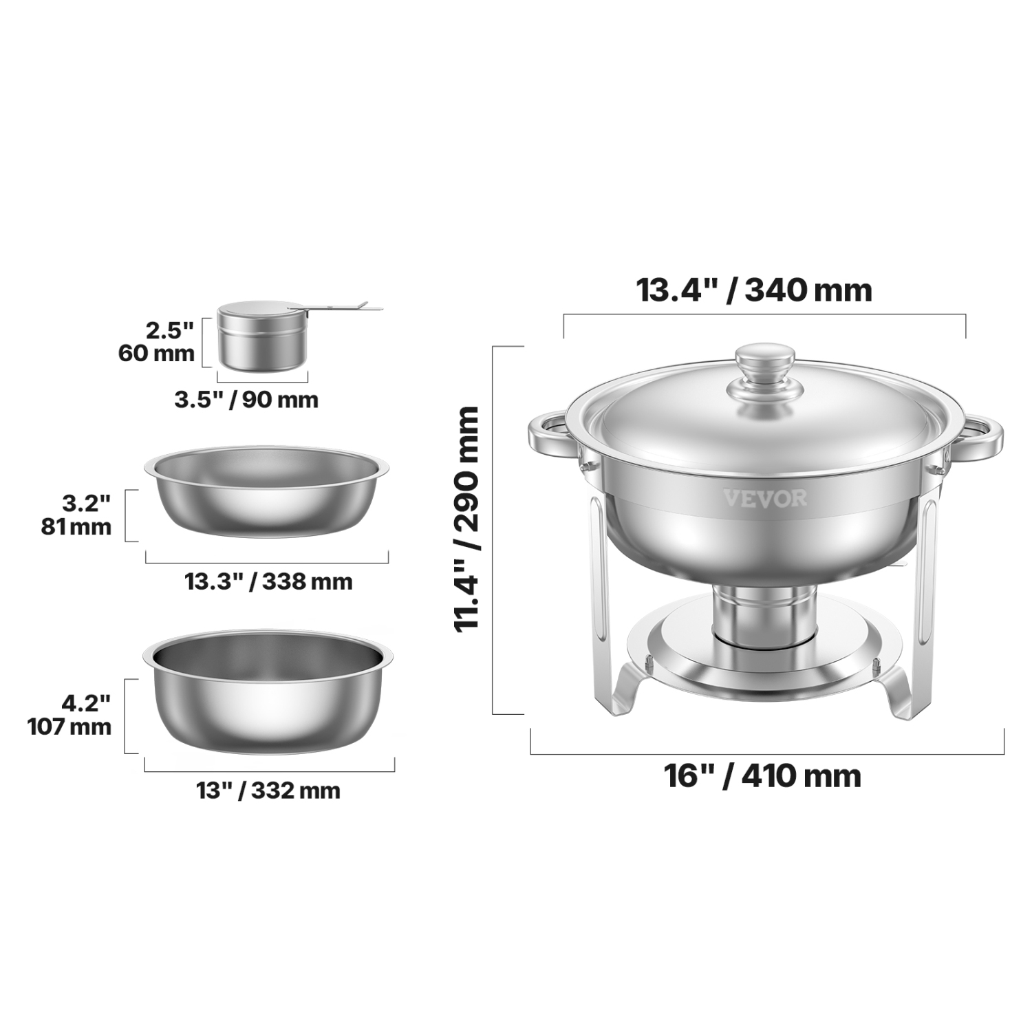 VEVOR 5 Qt 2 Pack Chafing Dish Buffet Set, Stainless Steel Chafer with 2 Full Size Pans, Round Catering Warmer Server with Lid Water Pan Folding