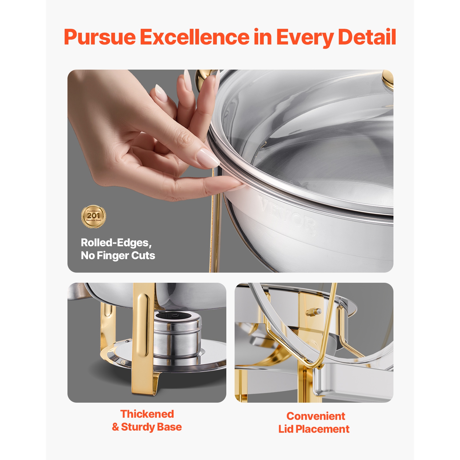 Ensemble de 4 plats à récurer VEVOR 5&nbsp;Qt, plaque en acier inoxydable avec 4 plaque pleine grandeur, plateau chauffe-plats rond avec couvercle en