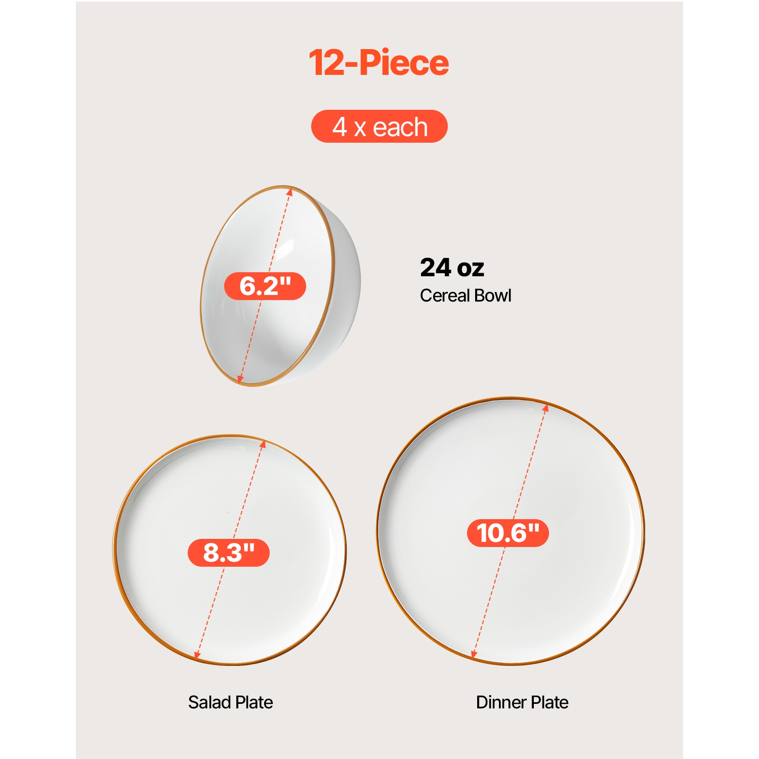 VEVOR 4 People Dinnerware Set,Round Plates and Bowls Sets, Scratch Resistant Ceramic Dinner Ware, Dishwasher and Microwave Suitable Kitchen Dishes,