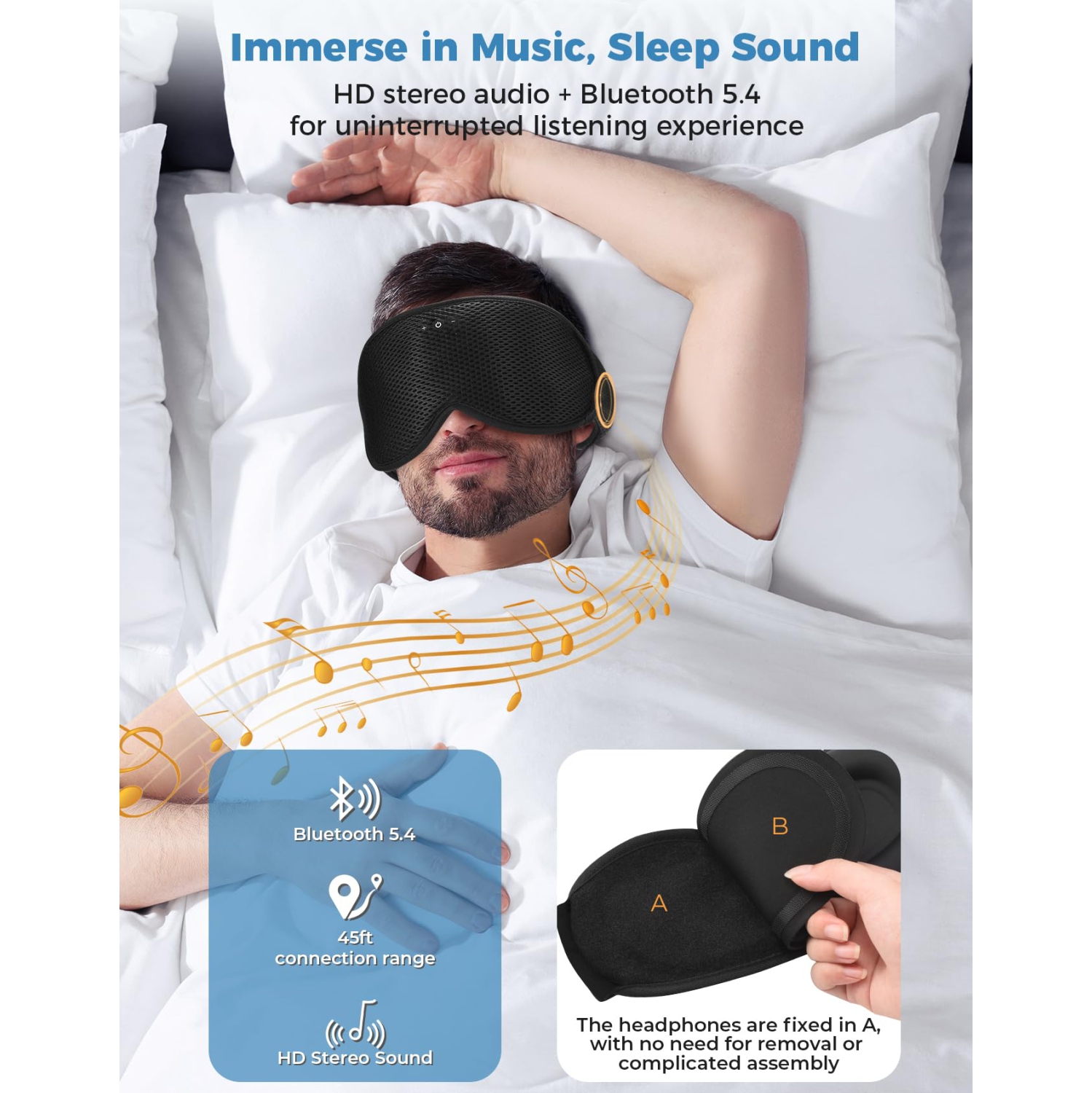 3D Sleep Eye Mask with Bluetooth Headset, Portable Sleep Headset with Stereo Speakers, Can Answer Calls, Suitable for Travel or Home Use