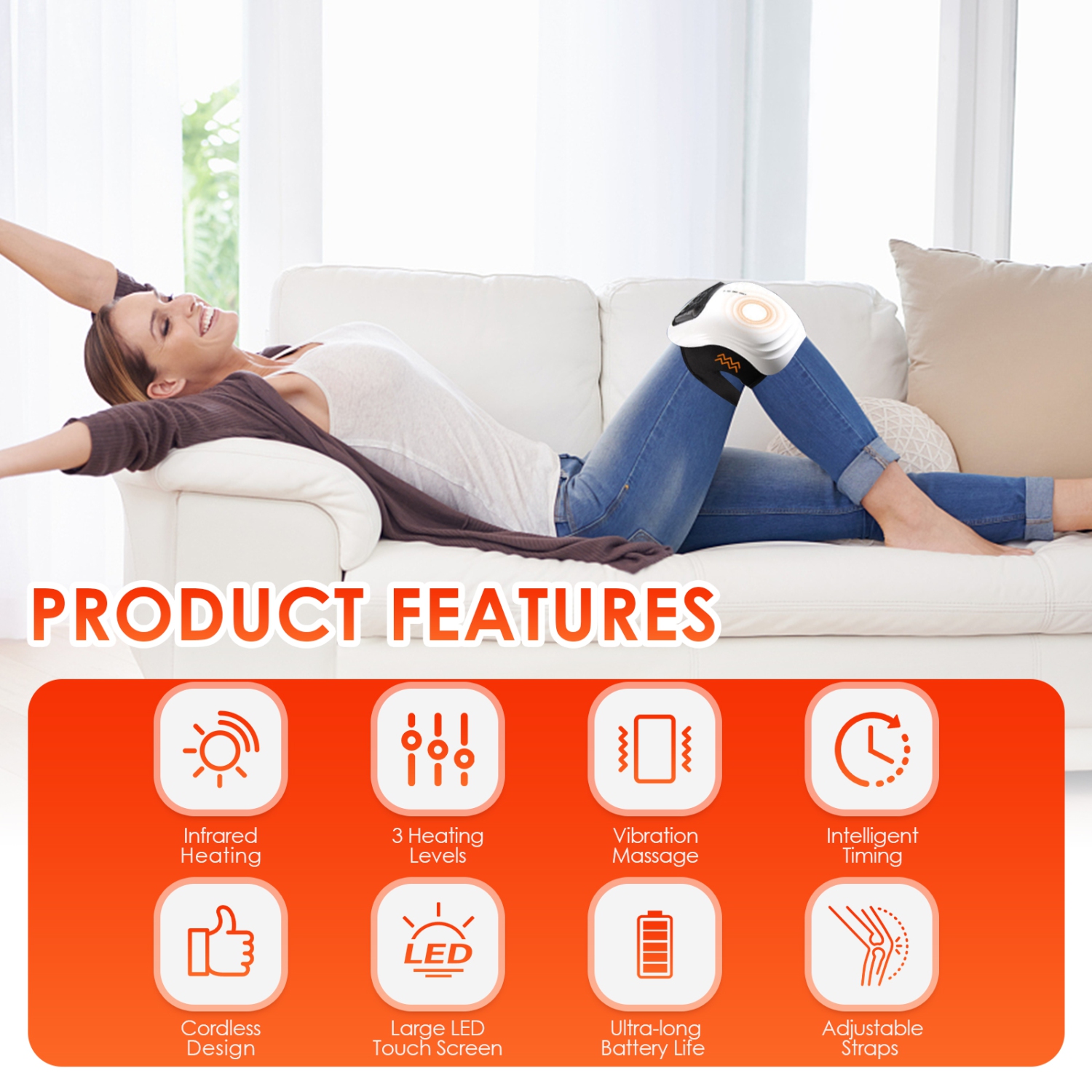 Infrared Therapeutic Knee Massager with Heating Function, 3 in 1 Wireless Knee Massager with Dot Screen for Pain Relief