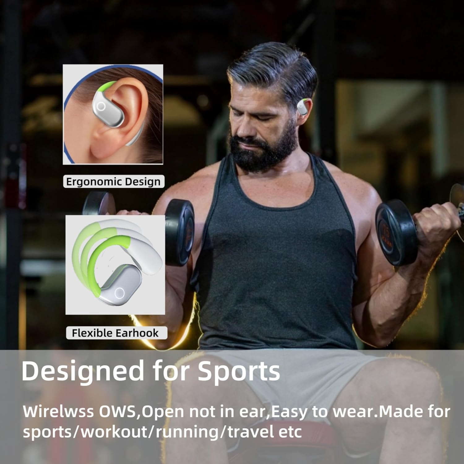 Open Ear Earbuds for Workout Running,Wireless Bluetooth Earphones,Over-Ear Sports Headphone,Wireless Headsets with Earhooks Noise Cancelling Mic