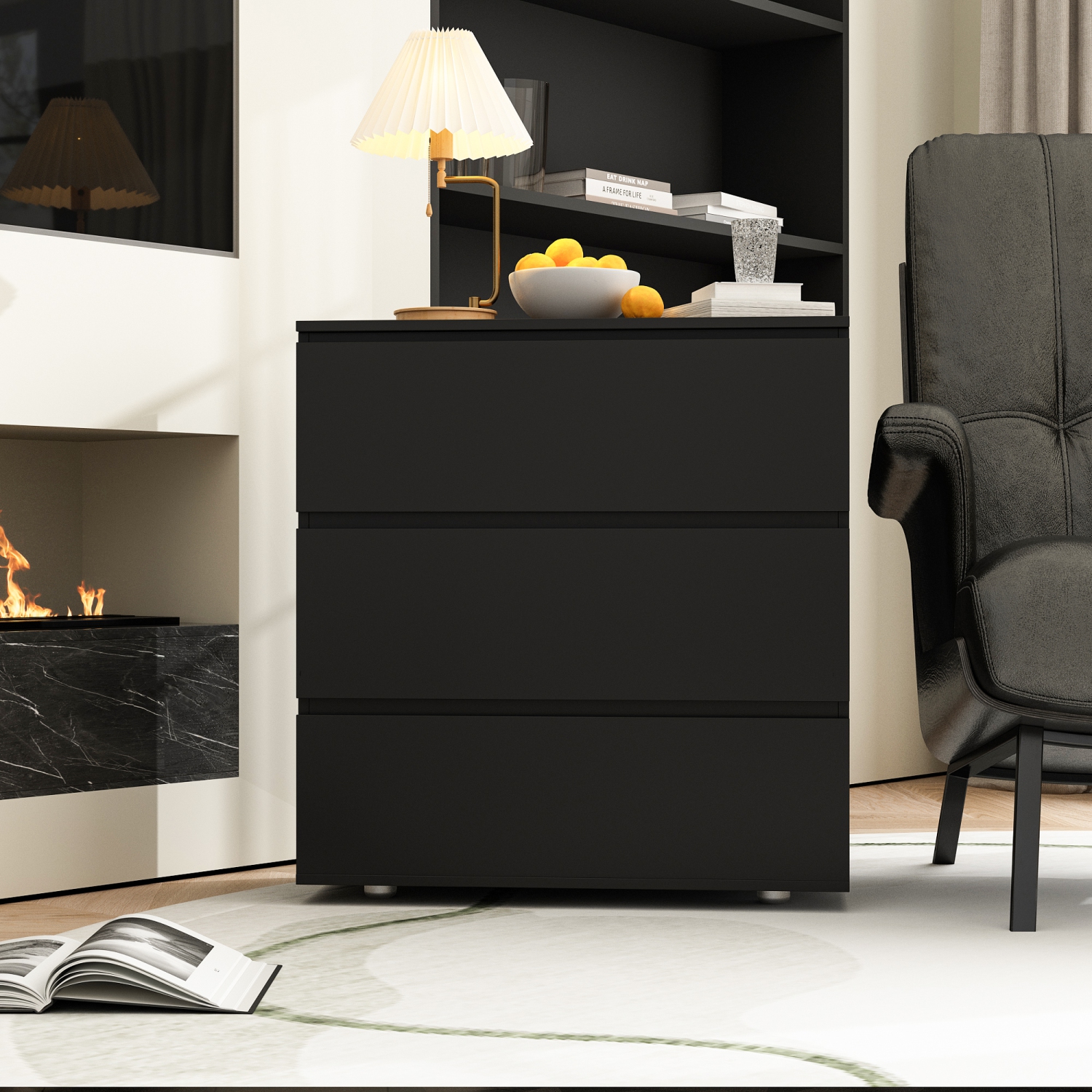 FUFU&GAGA Black 3-Drawer Standard Chest, Handle-Free Bedside Cabinet with Spacious Storage,Black