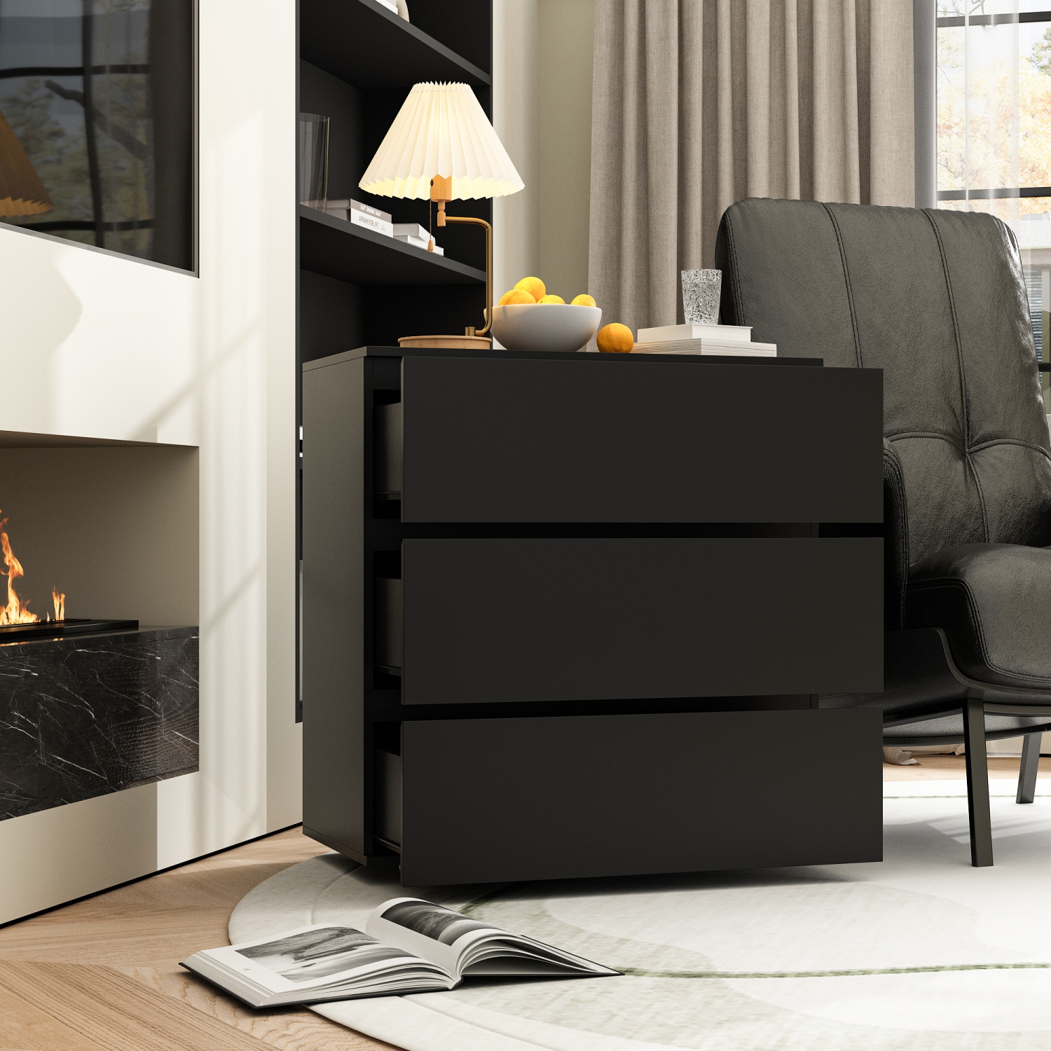 FUFU&GAGA Black 3-Drawer Standard Chest, Handle-Free Bedside Cabinet with Spacious Storage,Black