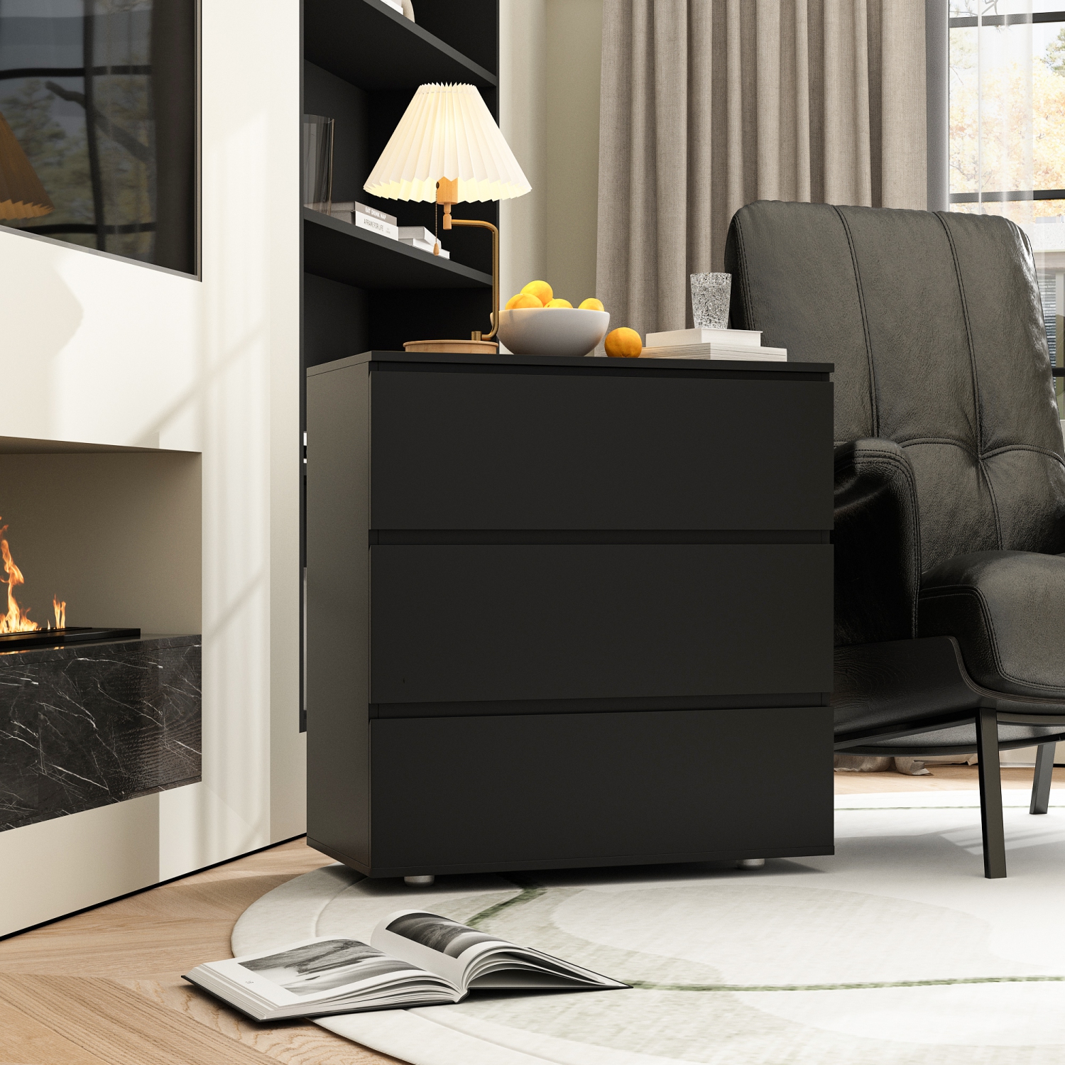 FUFU&GAGA Black 3-Drawer Standard Chest, Handle-Free Bedside Cabinet with Spacious Storage,Black