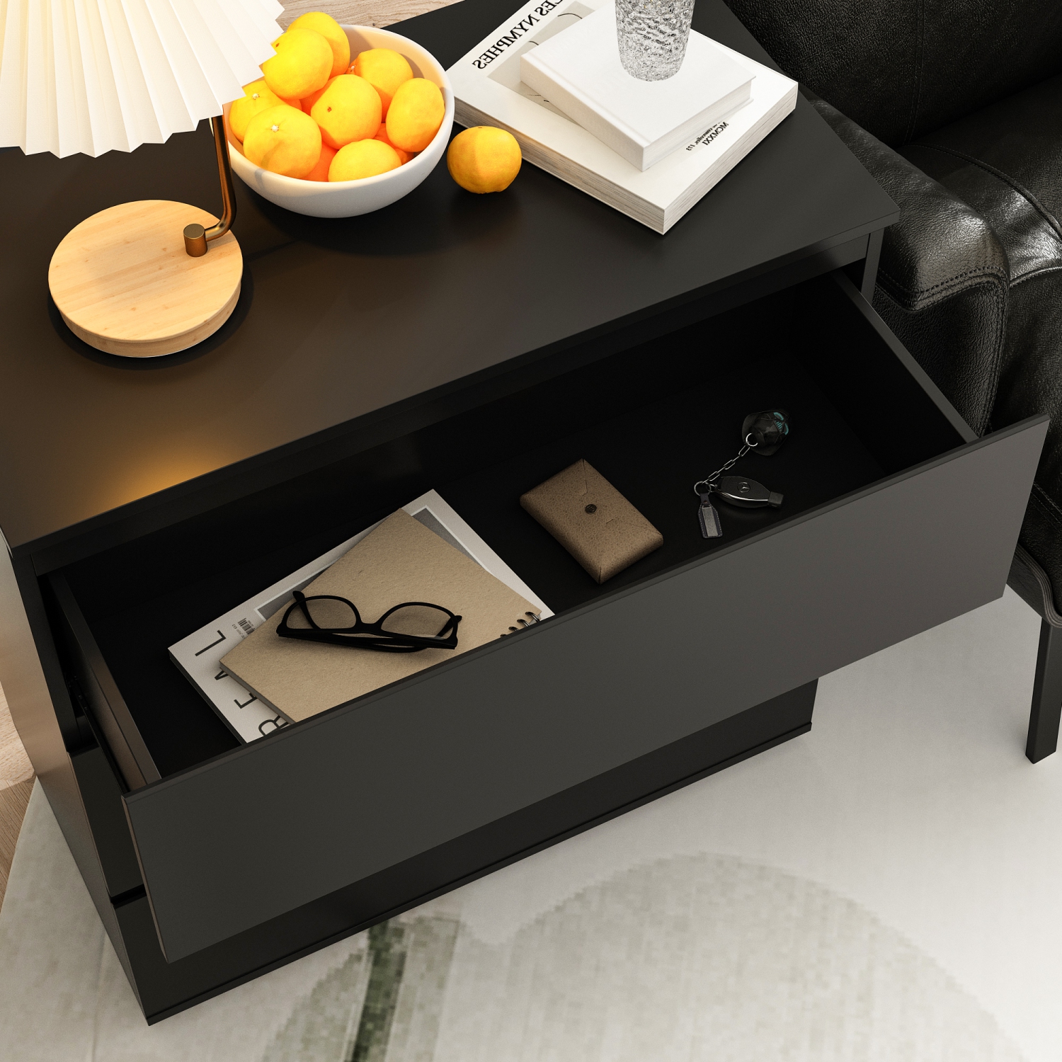 FUFU&GAGA Black 3-Drawer Standard Chest, Handle-Free Bedside Cabinet with Spacious Storage,Black