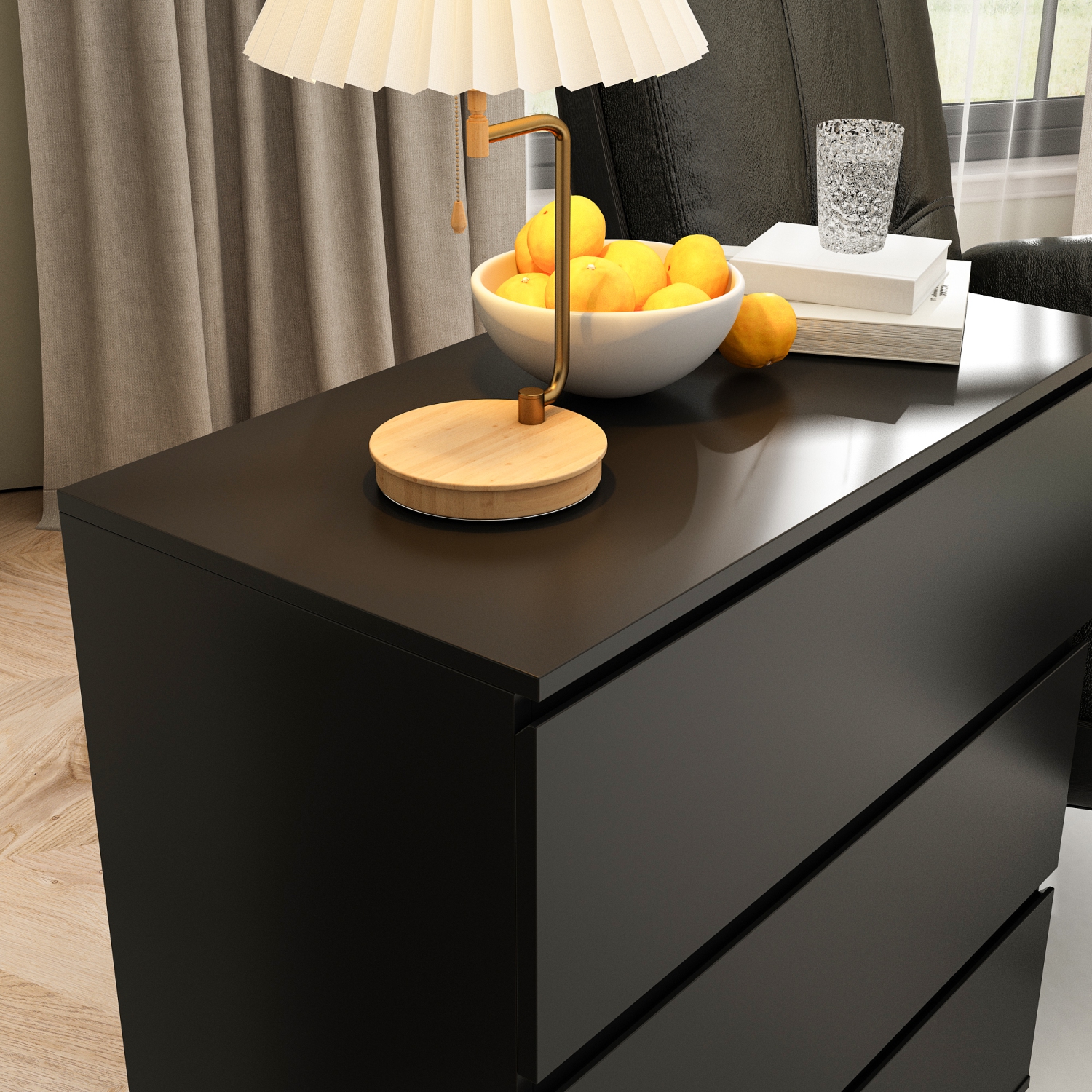 FUFU&GAGA Black 3-Drawer Standard Chest, Handle-Free Bedside Cabinet with Spacious Storage,Black