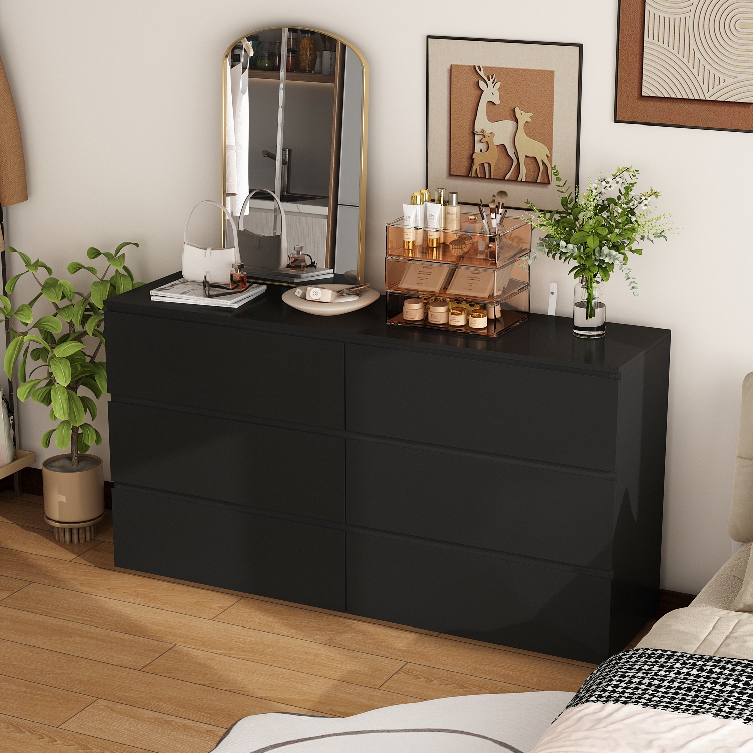 FUFU&GAGA – Commode standard à 6 tiroirs avec glissières silencieuses, antibasculement, noir