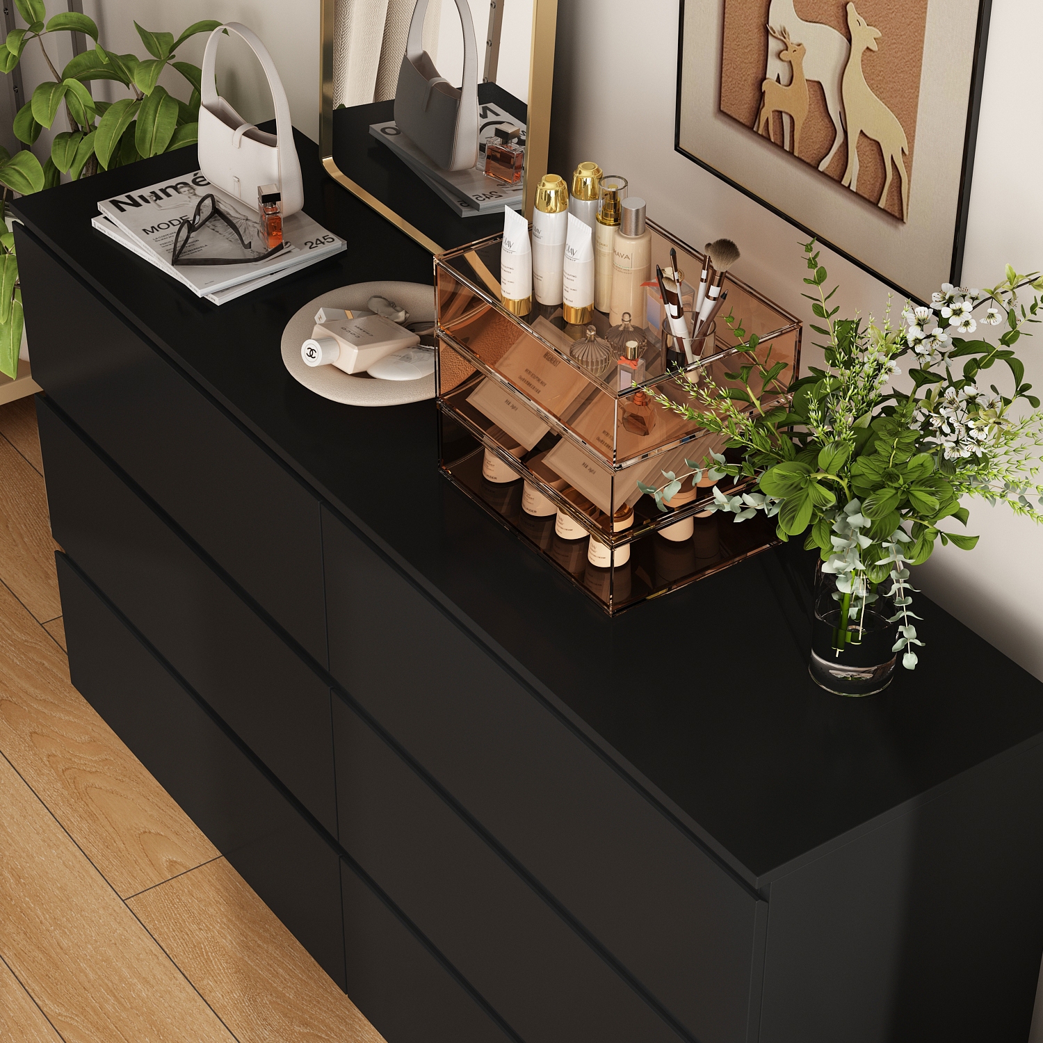 FUFU&GAGA – Commode standard à 6 tiroirs avec glissières silencieuses, antibasculement, noir