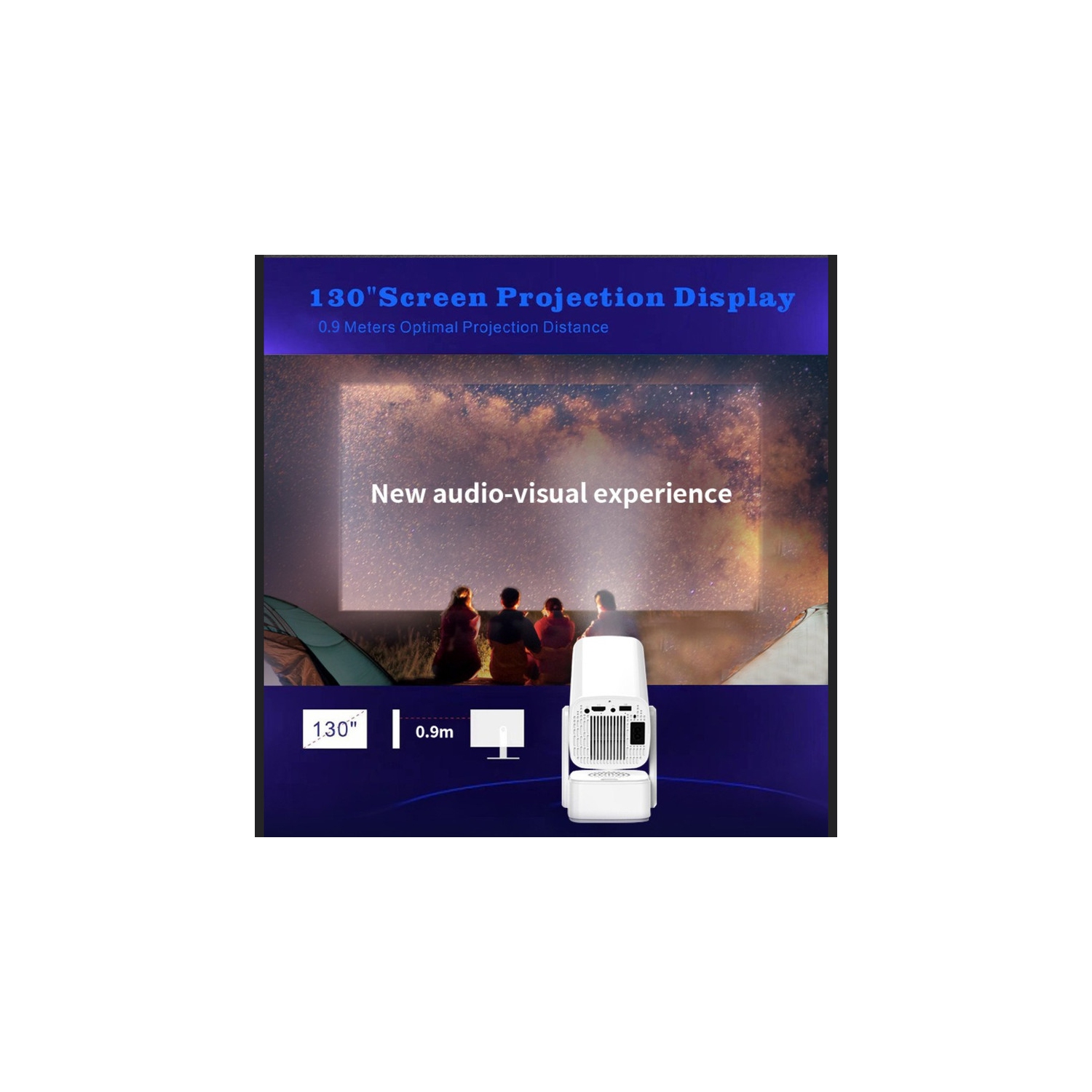 Mini projecteur portatif 720P, projecteur de camping extérieur pour chambre à domicile, accent électrique, prise en charge de la vidéo 4K - blanc