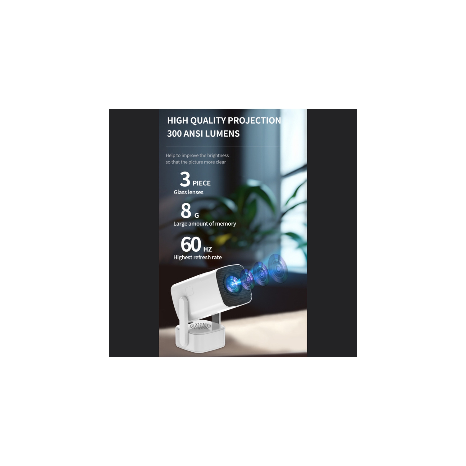 Mini projecteur portatif 720P, projecteur de camping extérieur pour chambre à domicile, accent électrique, prise en charge de la vidéo 4K - blanc